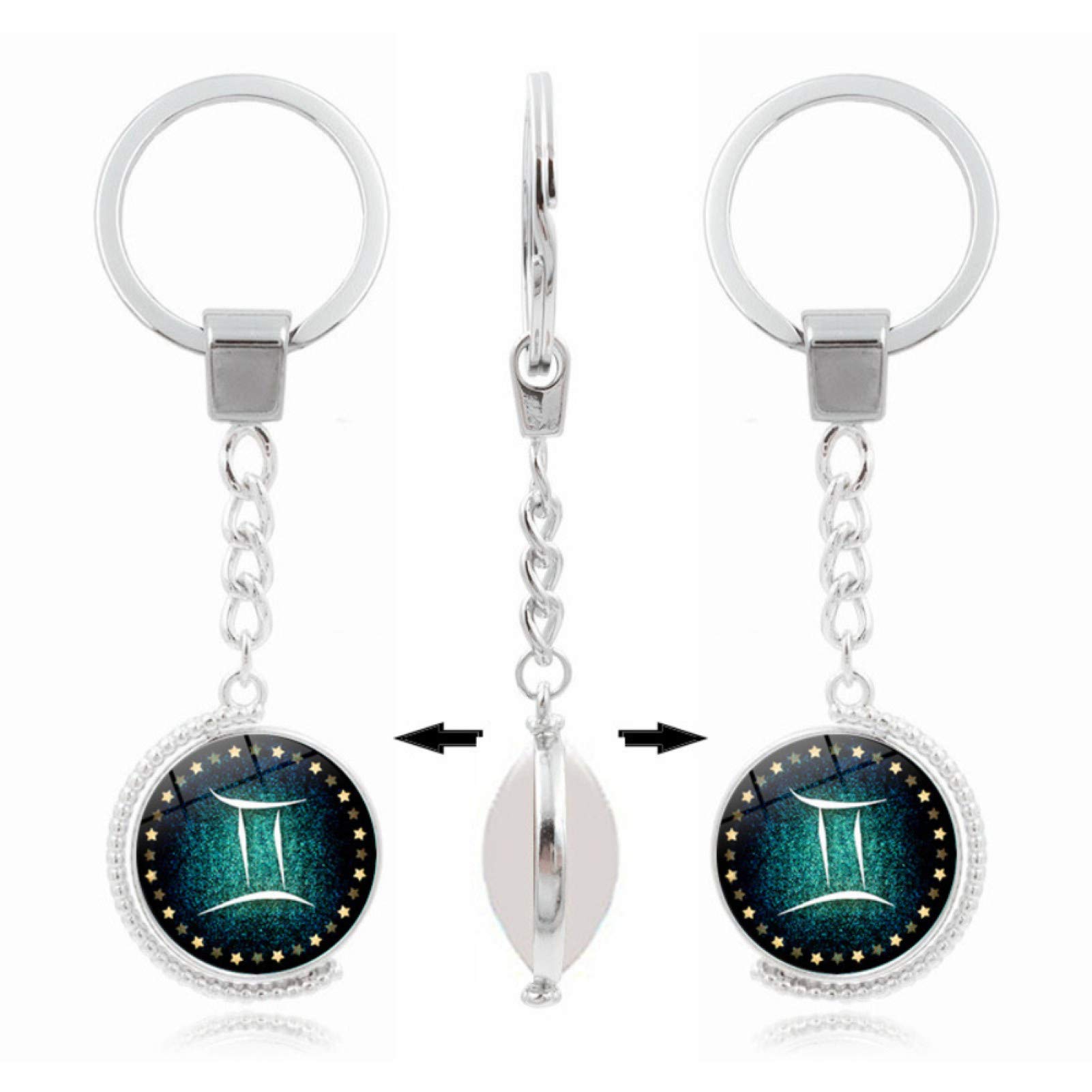 12 Constellations Double-Sided Rotatable Glass Cabochon Pendant Keychain - Zodiac Key Ring for Women & Men - Perfect for Car Keys, Gifts, and Daily Accessories