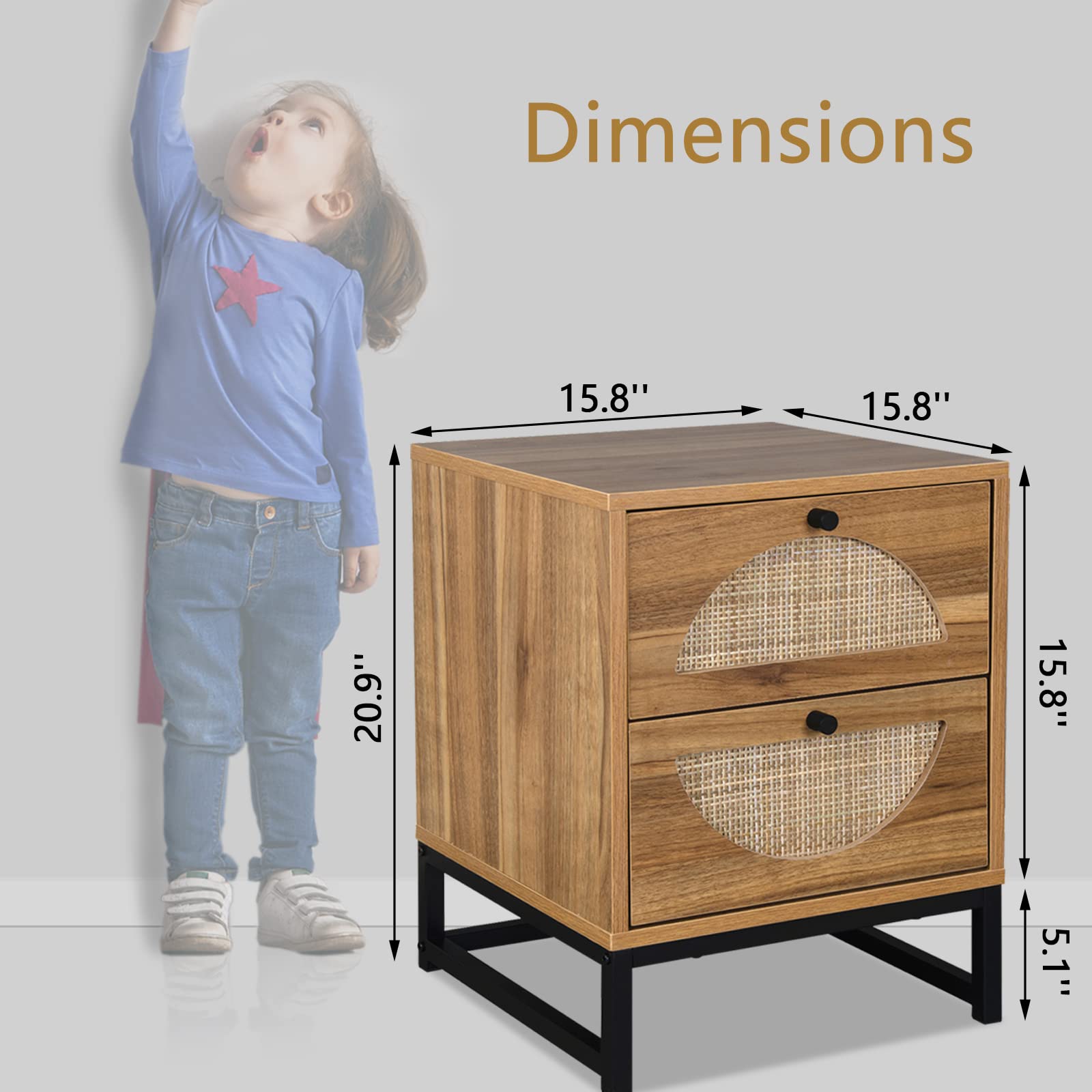 Rattan Nightstand with 2 Drawers & Metal Legs - Natural Rustic Bedside Table for Bedroom, Living Room | End Table with Storage Shelf for Home Decor & Organization