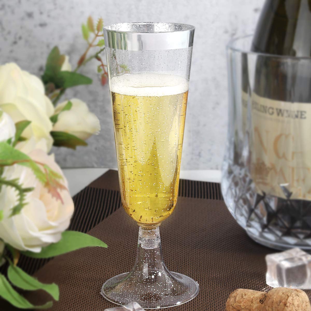 36-Piece Silver Plastic Champagne Flutes - 6oz Glitter Disposable Cups with Silver Rim for Weddings, Parties & Celebrations - Elegant & Shatterproof Drinkware for Toasts, Receptions & Special Events