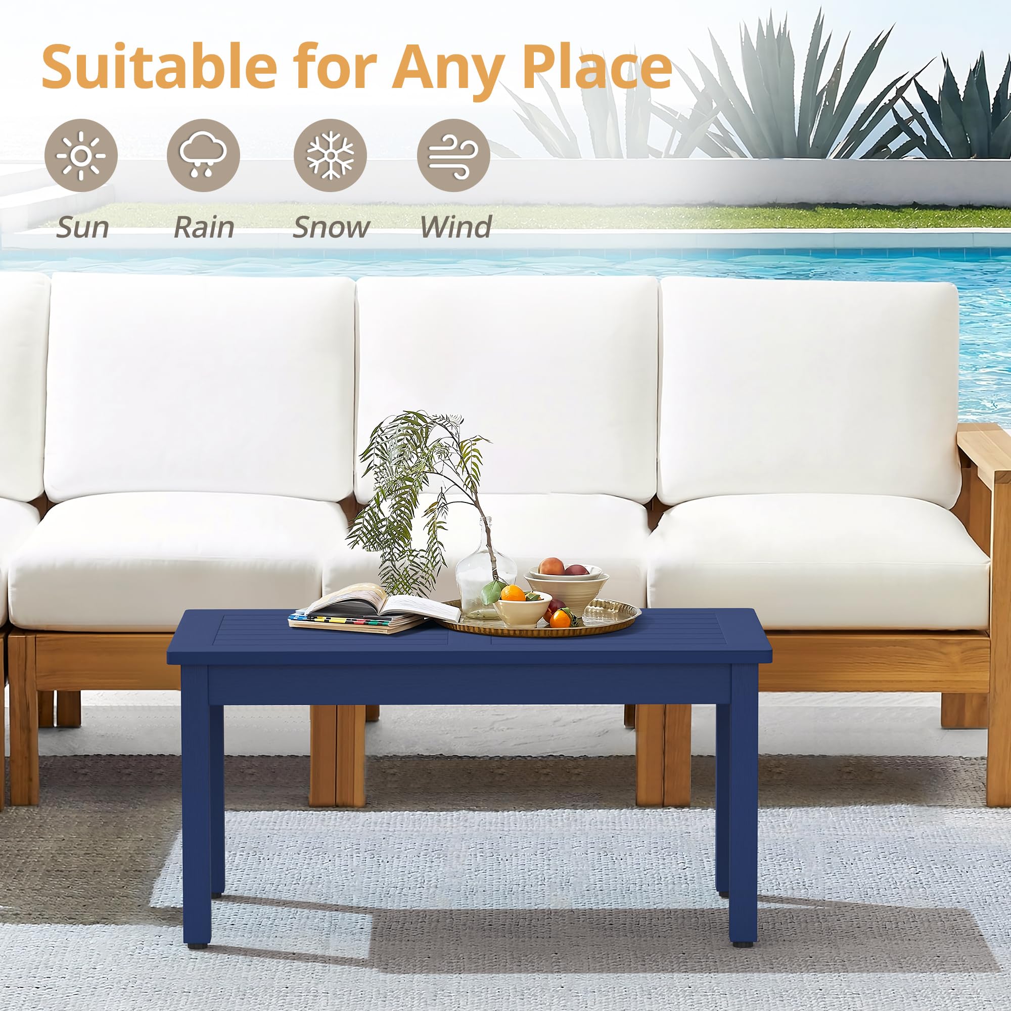 LUE BONA Outdoor Rectangle Coffee Table - All-Weather HDPS Patio Table with Slatted Tabletop for Deck, Garden, Balcony, Indoor & Outdoor Use - Navy Blue | Perfect for Backyard, Poolside & Porch Relaxation