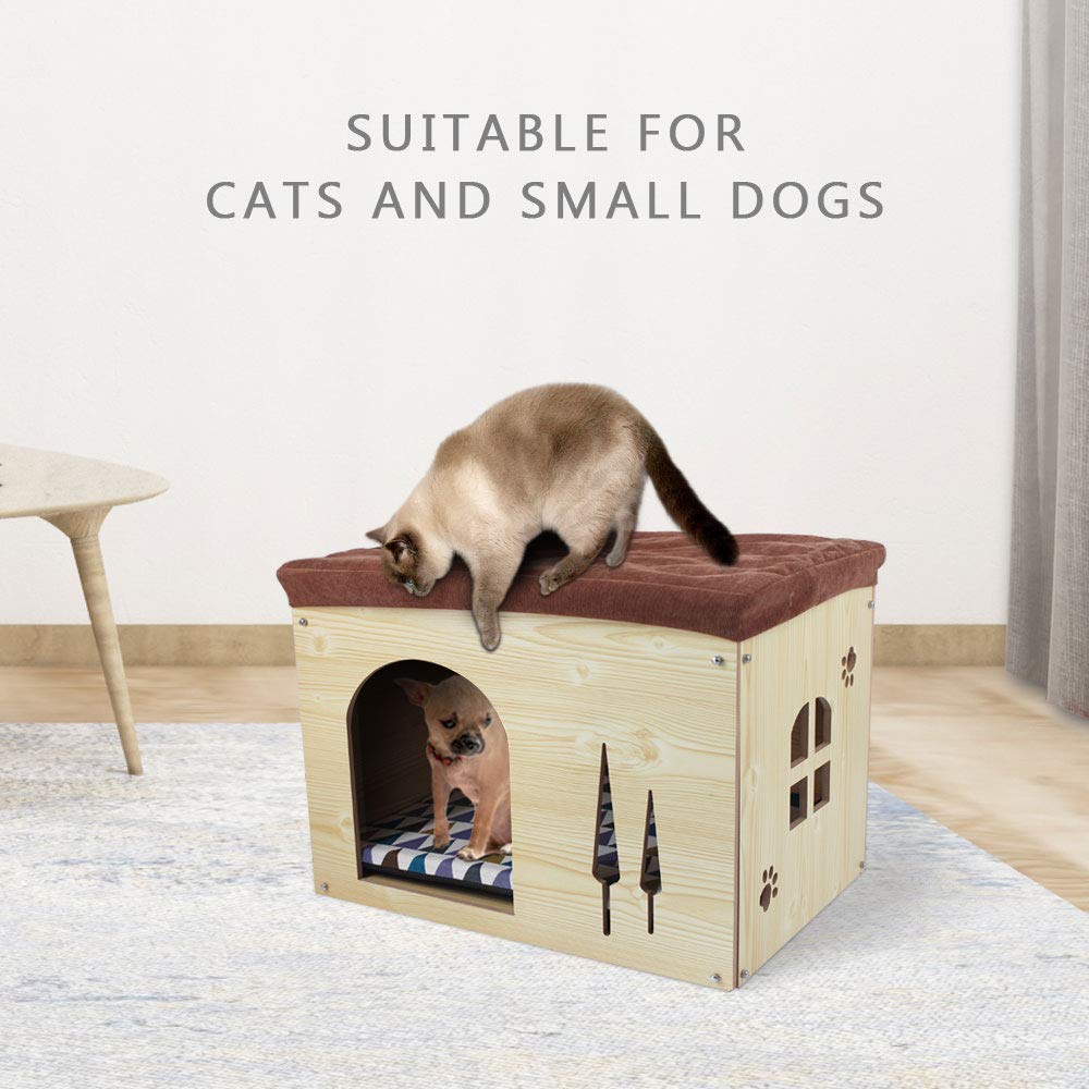 SONGWAY Wooden Cat House for Indoor Cats - Cozy Pet Cave with Cushioned Mat, Multi-Functional Cat Condo & Stool, Storage Ottoman Footrest for Small Dogs & Cats - Perfect for Living Room, Bedroom or Office Pet Furniture