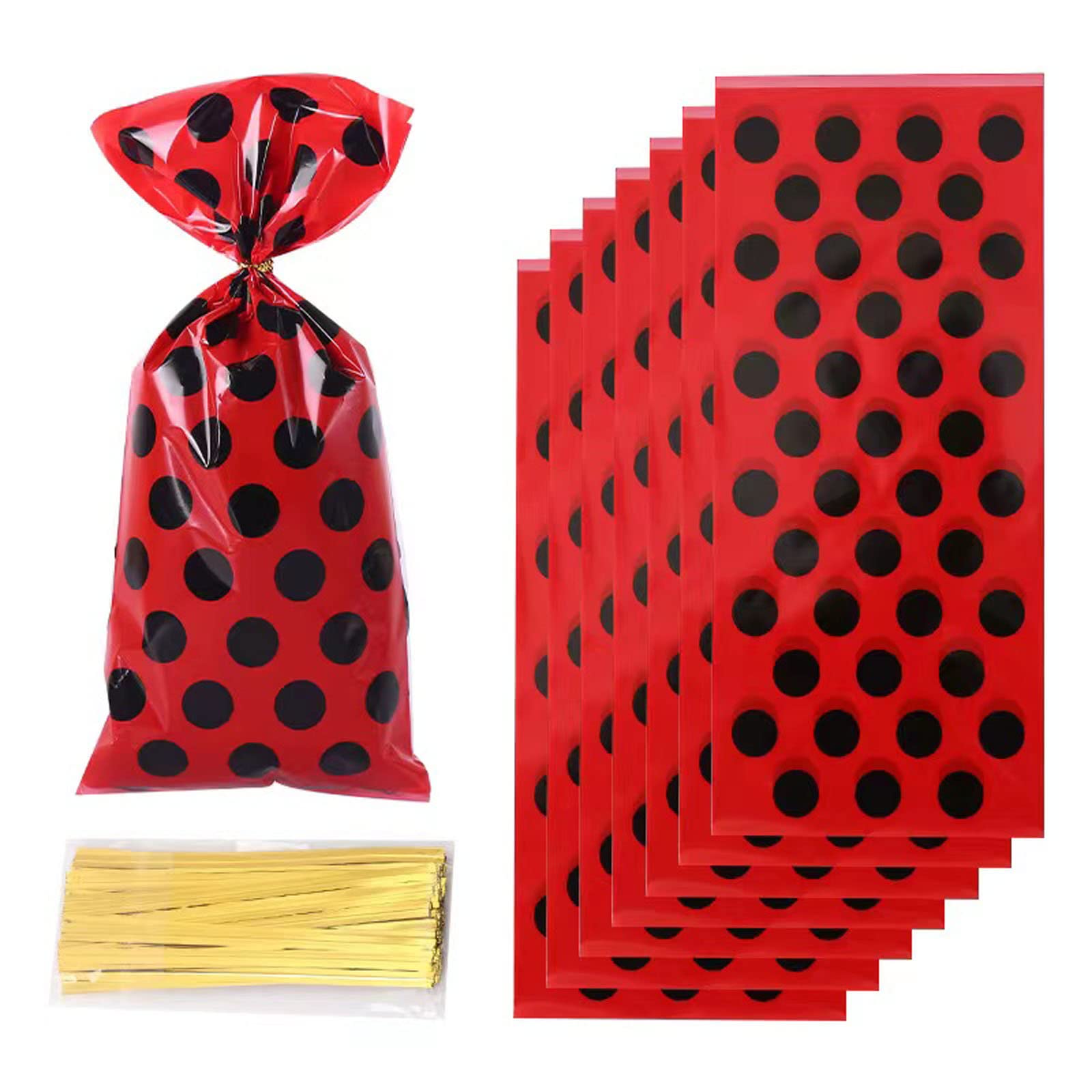50 Pieces Red Cellophane Bags with Black Polka Dots - 4x6 Inch Candy Favor Bags for Birthday Parties, Baby Showers & Ladybug Themed Events - Treat Bags for Candy, Cookies & Small Gifts