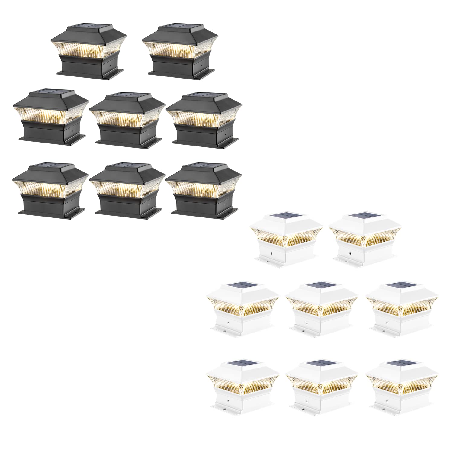 MOON-DE-AGE Solar Fence Post Lights Outdoor - Waterproof Black & White Solar Powered LED Cap Lights for Garden, Yard, Pathway - 8 Pack (4 Black + 4 White) - Perfect for Landscape Lighting, Driveway Markers, Deck & Patio Decor
