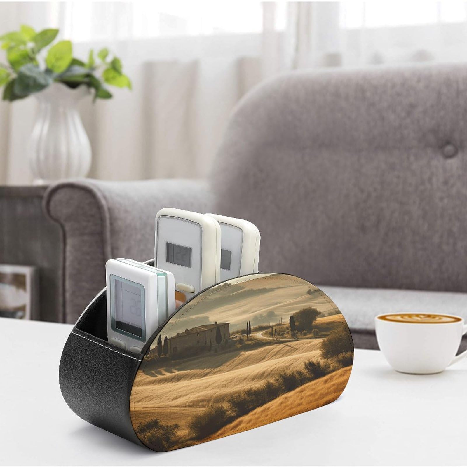 PU Leather Remote Control Holder with Tuscany Landscape Print - 5-Slot Organizer for TV Remotes, Gadgets & Office Supplies - Perfect for Living Room, Bedroom & Home Theater Organization