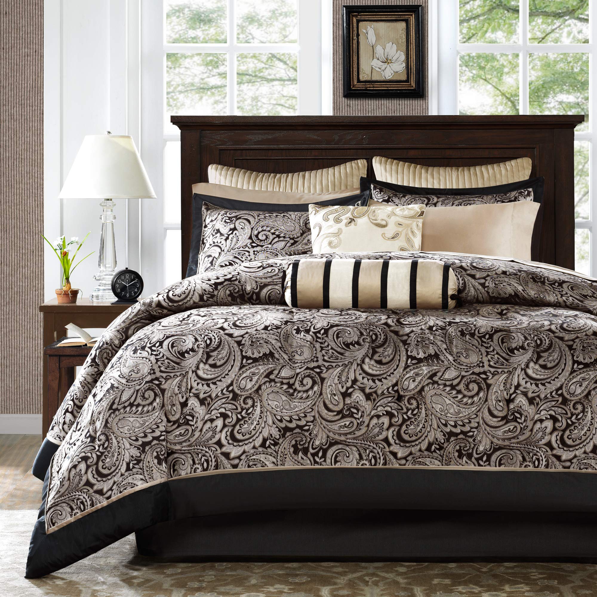Madison Park Aubrey Cozy Comforter Set - Faux Silk Jacquard Paisley Design, All Season Down Alternative Bedding with Cotton Sheets, Bed Skirt & Pillows, Full Size 12-Piece Set in Black - Perfect for Master Bedroom, Guest Room & Cozy Home Decor