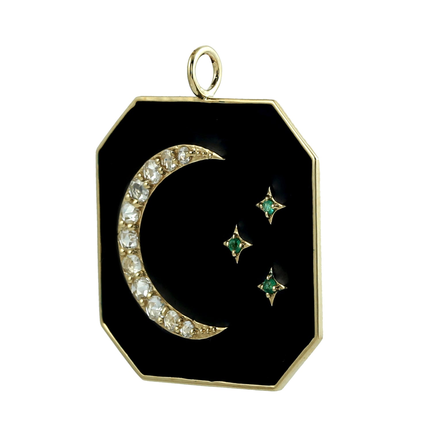 14K Yellow Gold Emerald Pave Diamond Enamel Crescent Moon Star Pendant Necklace - Elegant Jewelry for Women, Perfect for Gifts, Parties & Special Occasions