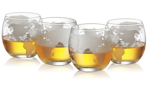 12 oz Etched World Globe Drinking Glasses - Set of 4 - Perfect for Home Bar, Gifts & Themed Parties