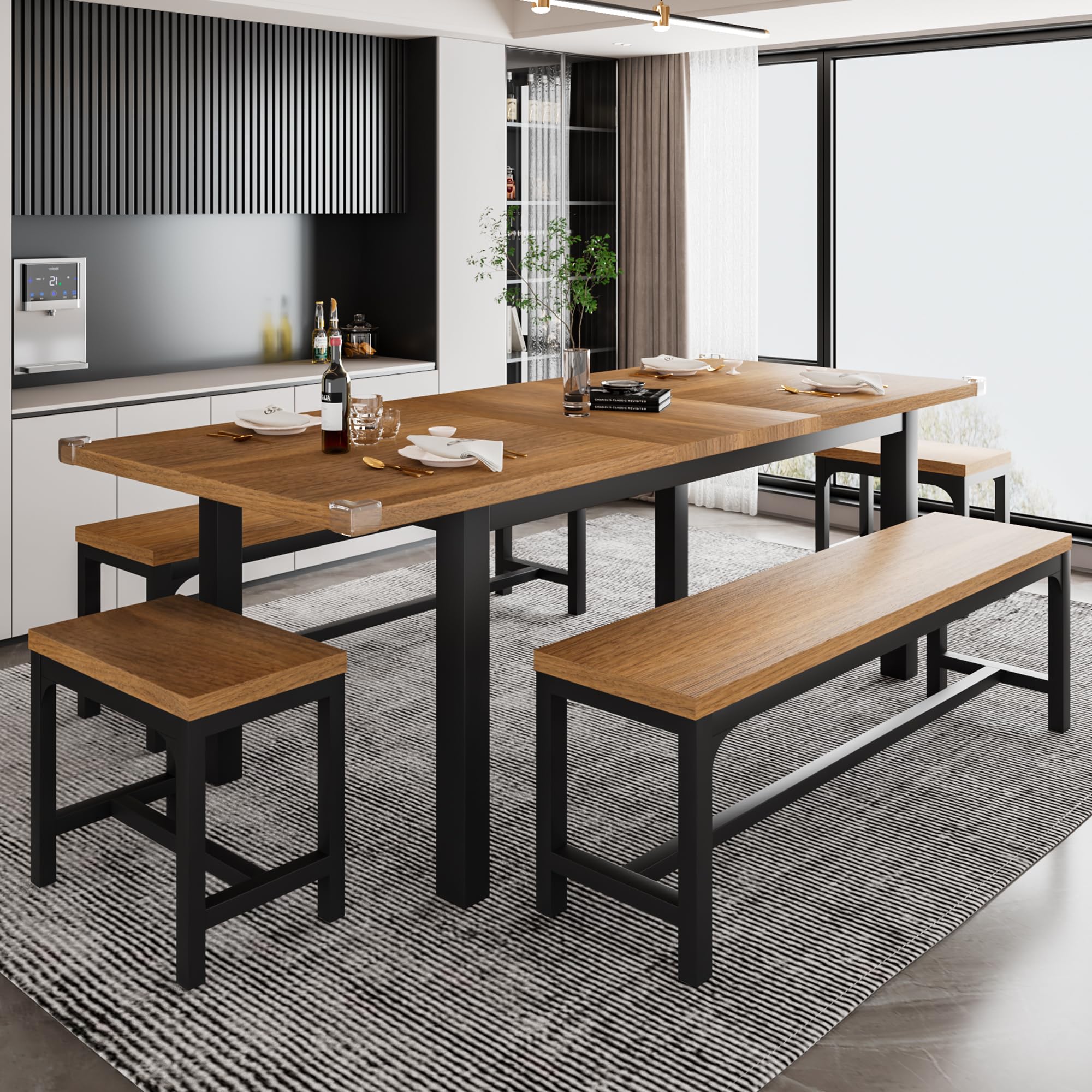 iPormis 5-Piece Extendable Dining Table Set with 2 Benches & 2 Stools - Mid-Century Modern Kitchen Table for 4-8 People, Space-Saving Walnut Design with Metal Frame & MDF Board - Perfect for Small Apartments, Breakfast Nooks and Family Gatherings