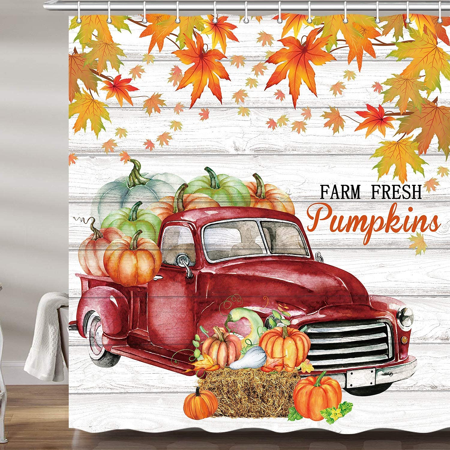 Thanksgiving Shower Curtain Set - Autumn Farmhouse Red Truck & Maple Leaf Design, 69x72 Inch Bathroom Decor with Hooks Included | Perfect for Fall, Halloween & Farmhouse Style Bathrooms