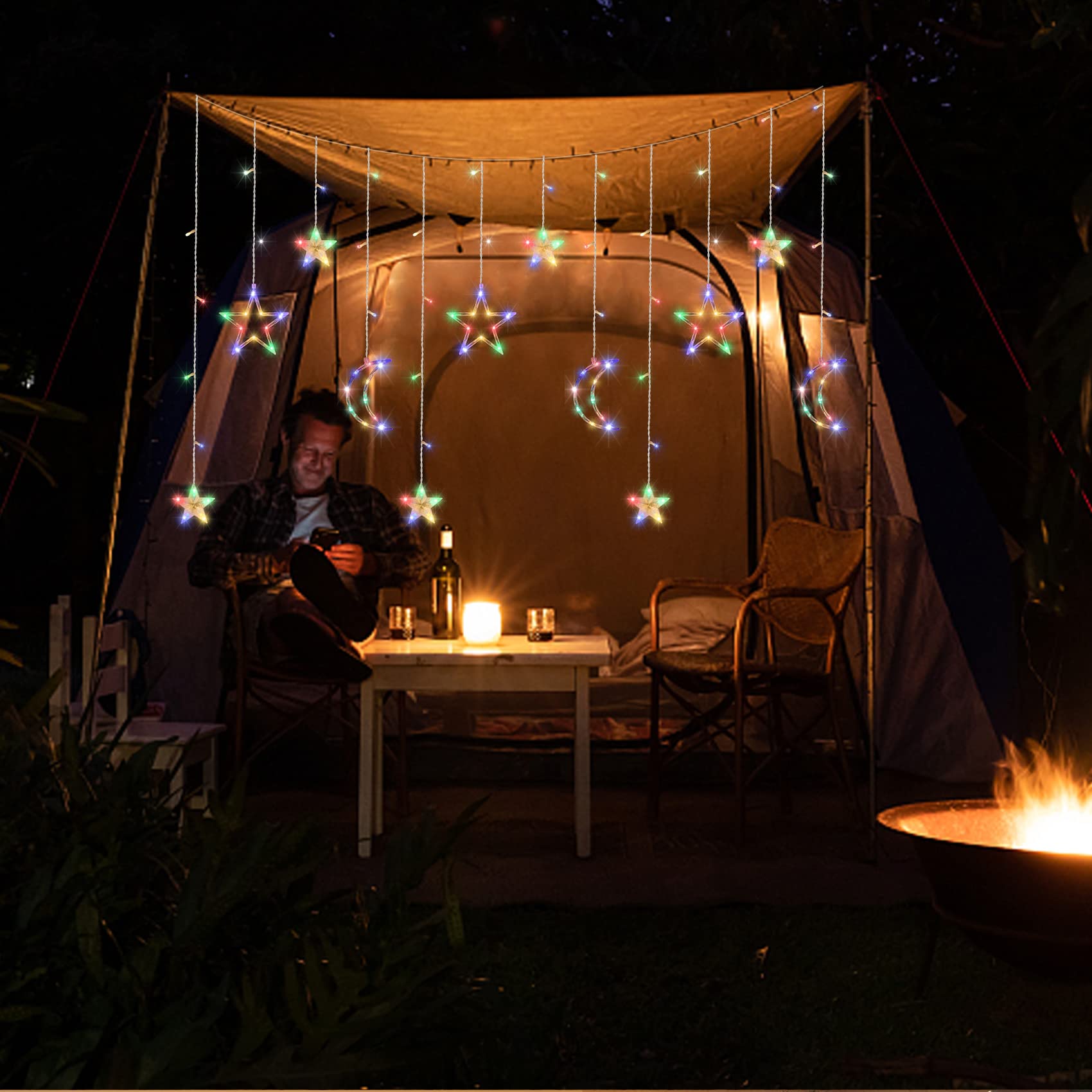Christmas String Lights - Battery Operated LED Curtain Lights with Moon & Star Design for Ramadan, Bedroom, Dorm, Porch & Patio Decorations | Waterproof Outdoor Party Lights for Wedding, Garden & Holiday Celebrations