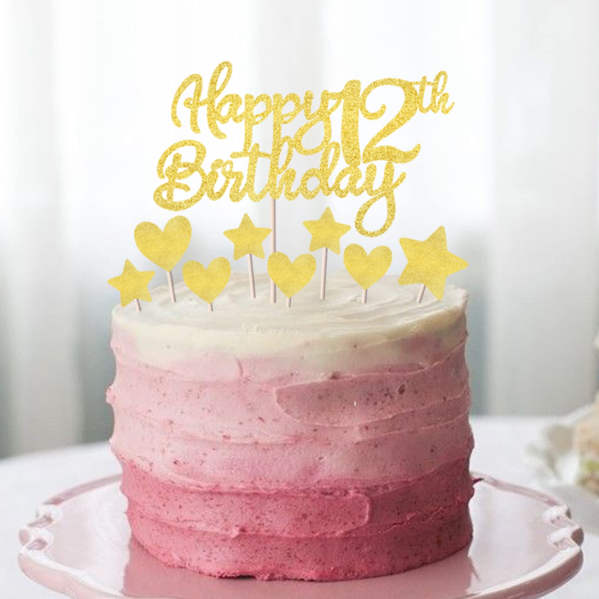 Rsstarxi 9 Pack Happy 12th Birthday Cake Toppers - Glitter Heart & Star Cupcake Decorations for 12 Year Old Birthday Party | Cheers to Twelve Years Celebration | Perfect for Girls, Boys, Teens & Anniversary Parties