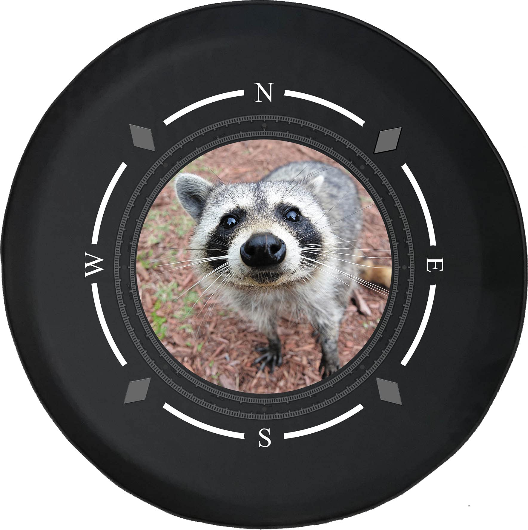 American Unlimited Spare Tire Cover with Compass & Raccoon Woodland Design - Universal Fit for SUV, Trailer, RV & Most Vehicles | Durable Wheel Protection for Off-Road Adventures & Camping Trips