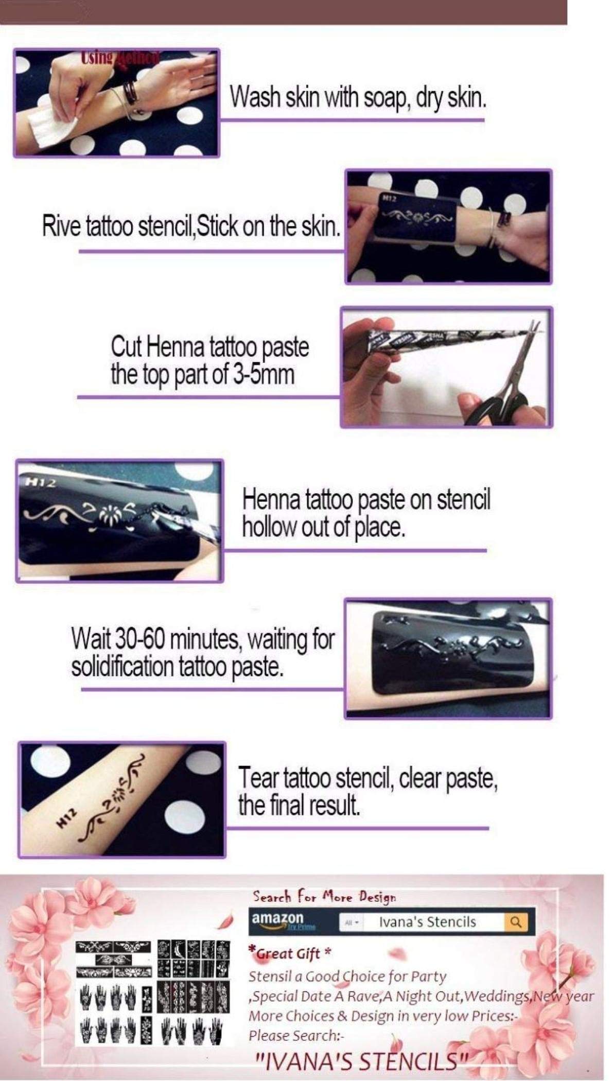 Ivana's Henna Stencils for Hand, Body, Finger & Face - Reusable Mehndi Tattoo Stickers for Women, Girls & Kids (Pack of 2) NIV-325 | Perfect for Weddings, Festivals & DIY Body Art