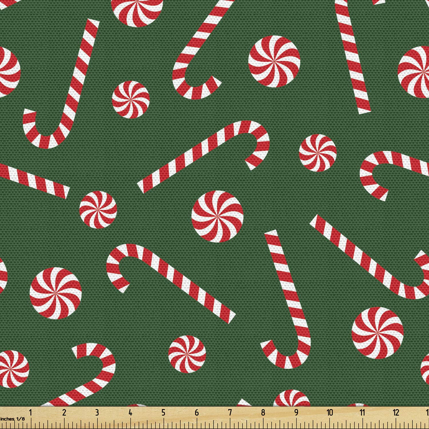 Lunarable Candy Cane Print Fabric by The Yard - Christmas Holiday Sweets & Lollipop Pattern in Fern Green, Vermilion and White - Upholstery & Home Decor Fabric for DIY Projects, Table Runners, Stockings & Holiday Decorations