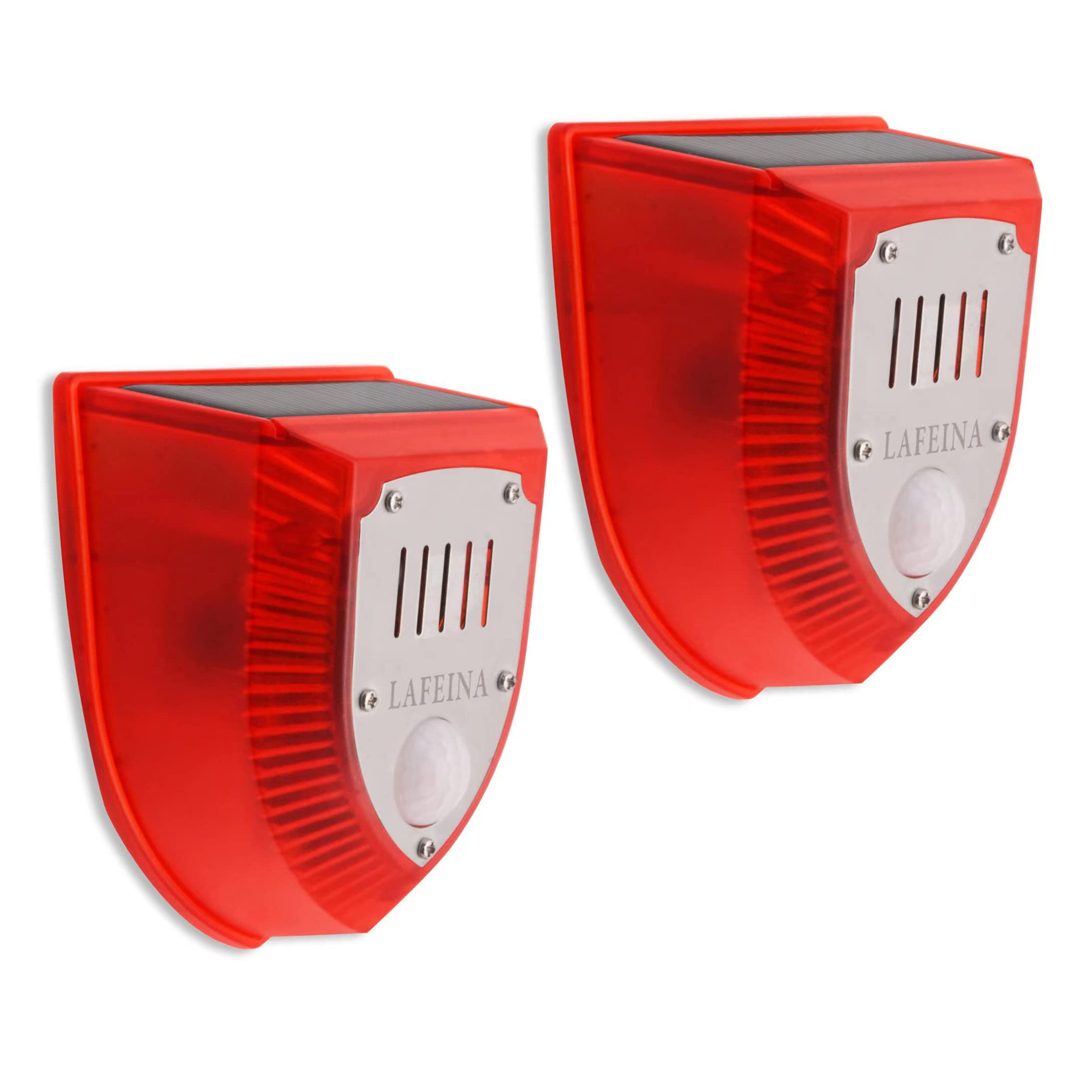 LAFEINA 2 Pack Solar Security Alarm Lights - 129dB Gunshot & Dog Barking Sounds with Strobe Warning for Outdoor Safety | Farm, Barn, Villa Yard Protection | Weatherproof Motion Sensor Lights for Home Security