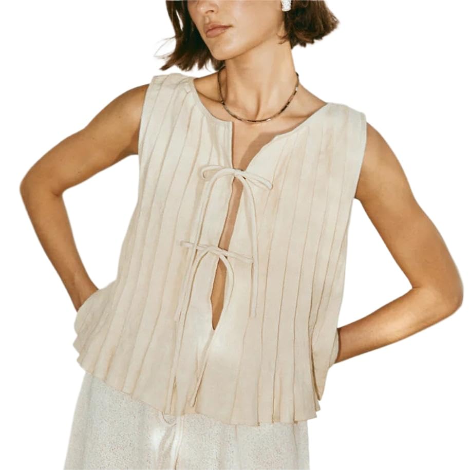 Women's Summer Linen Tank Top - Coquette Bow Tie Front Shirt Vest with Ruffle Babydoll Design | Cute Aesthetic Tops for Beach, Vacation & Casual Outfits