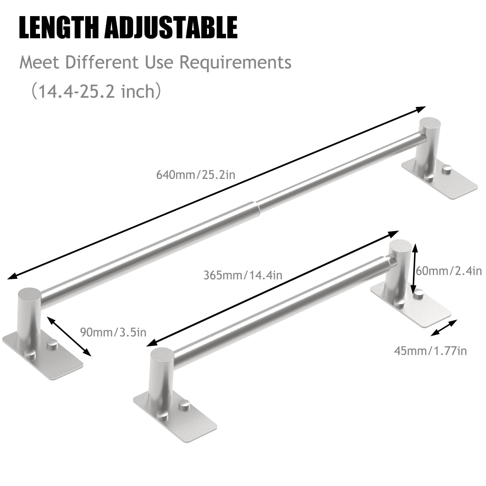 Adjustable Towel Bar 14.4-25.2 Inch, Self Adhesive & Wall Mounted Stainless Steel Hand Towel Rack for Bathroom & Kitchen - SUS 304 Brushed Nickel Finish, Perfect for Organizing Towels, Cloths and Robes in Home or Hotel Spaces
