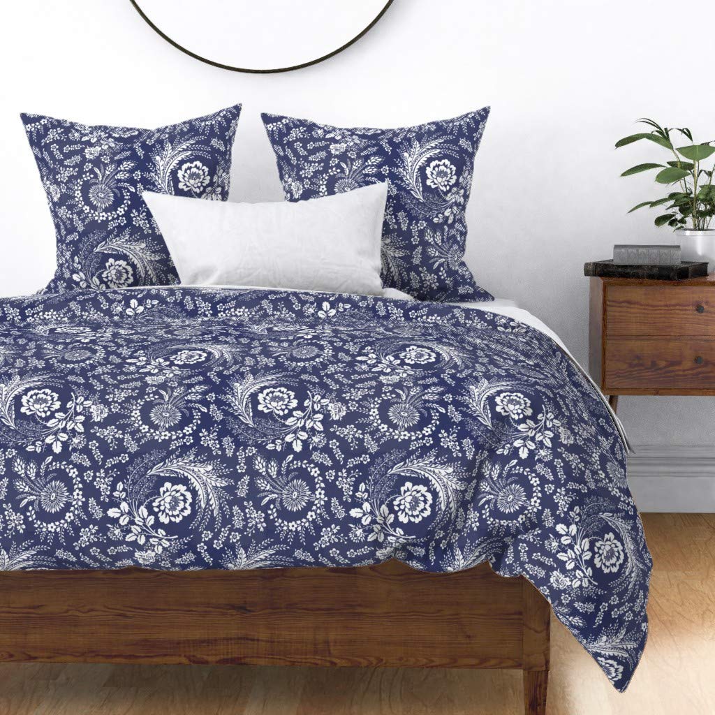 Premium Spoonflower Cotton Sateen Duvet Cover - Full/Queen Size | Pysanky Inspired Indigo Folk Art with European Wildflowers Floral Design in Blue & White | Easter Spring Egg Ulyana Ink Print Custom Bedding Set | Perfect for Bohemian Bedroom Decor, Guest Room Makeover & Seasonal Home Refresh