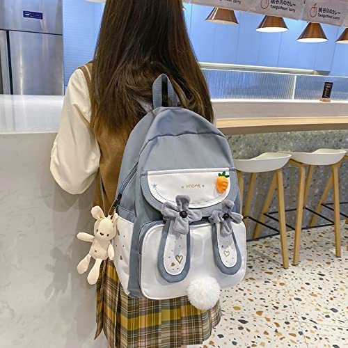 Cute Bunny Ear Backpack with Bear Pendant - Kawaii School Bag for Girls, Teens | Large Capacity Book Bag for Students, Travel, College (J-Blue) | Perfect for School, Travel, Shopping & Daily Use