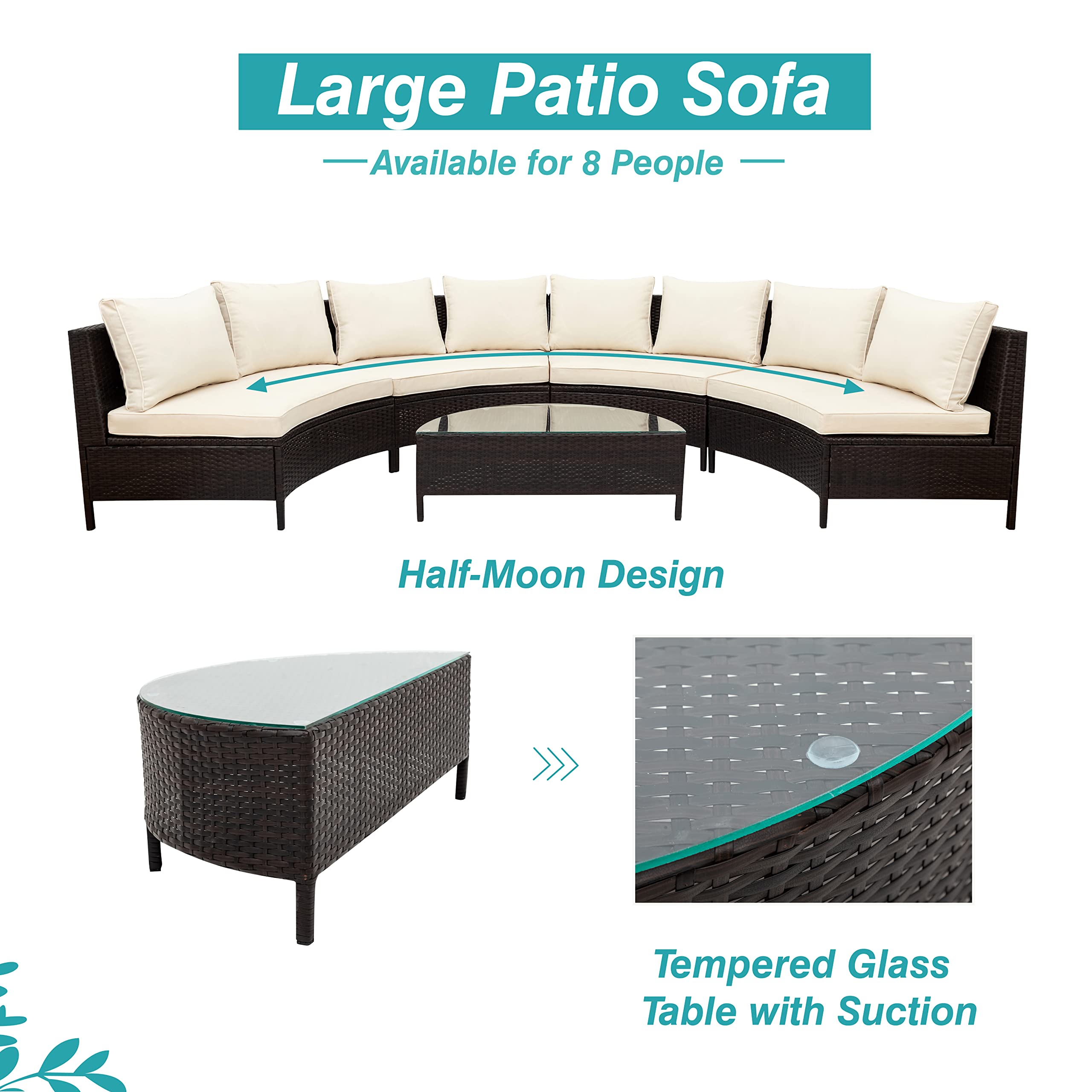 Polibi 5-Piece Patio Furniture Set - All-Weather PE Rattan Half Moon Sofa with Tempered Glass Table & Beige Cushions - Perfect for Backyard, Garden, Poolside Outdoor Relaxation