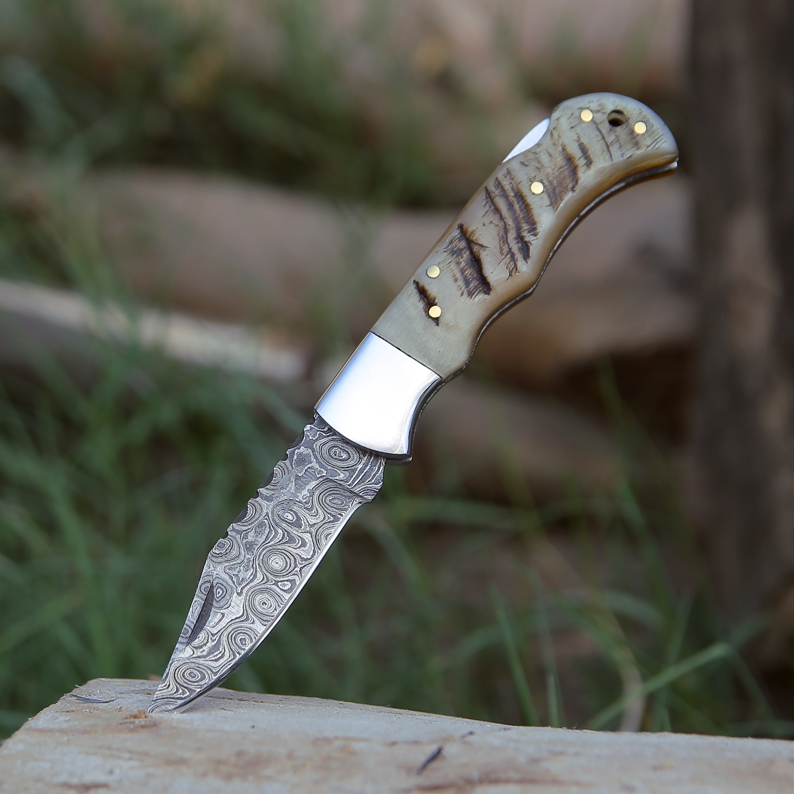 Premium Damascus Steel Pocket Knife with Exotic Ram Horn Handle & Leather Sheath - Perfect for Camping, Hunting, and Outdoor Adventures