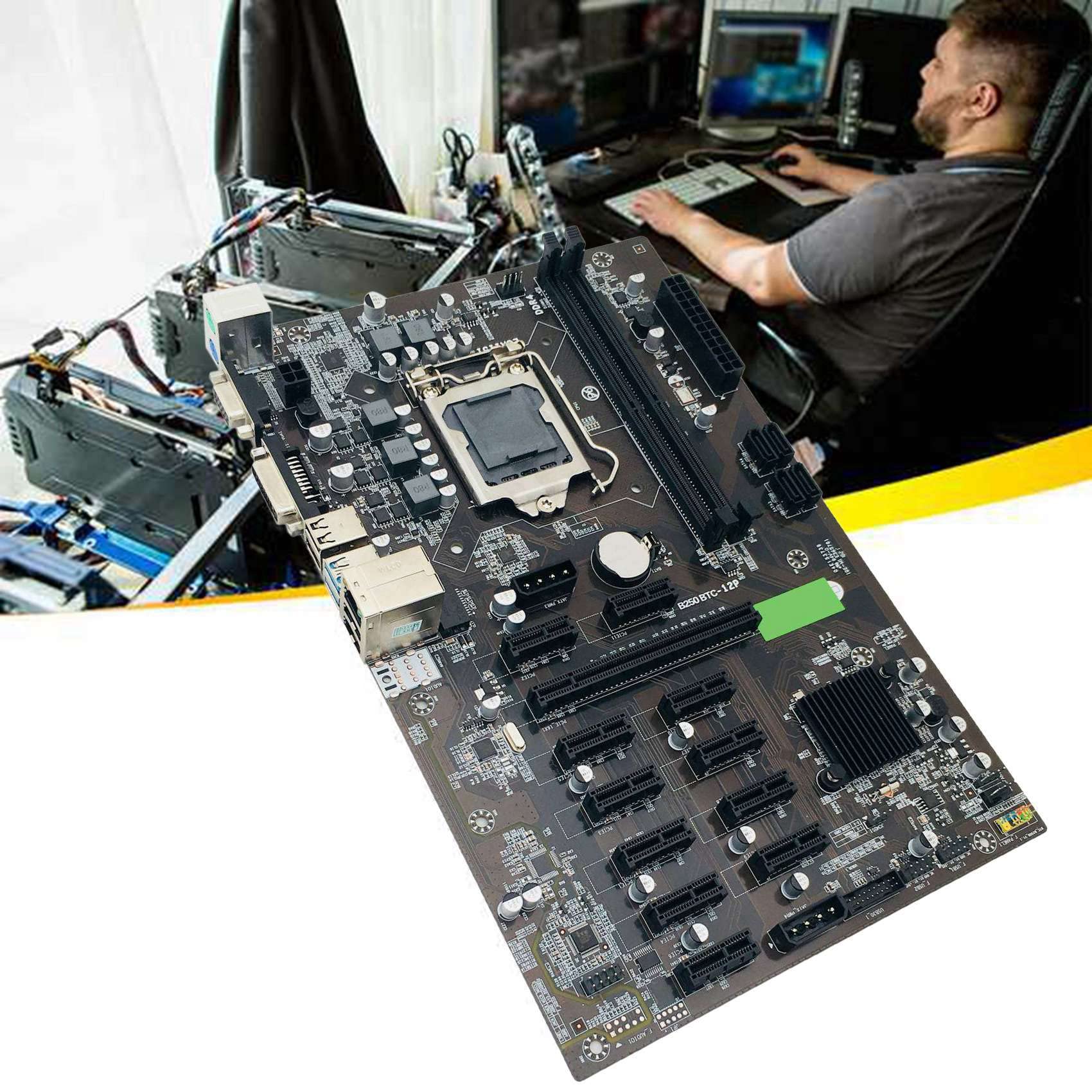Flisdtry B250 BTC Mining Motherboard with Intel G3920/G3930 CPU, 12 GPU Slots, LGA 1151, DDR4, USB 3.0 - Includes SATA & Switch Cables - Perfect for Cryptocurrency Mining Rigs & Ethereum Mining Setup