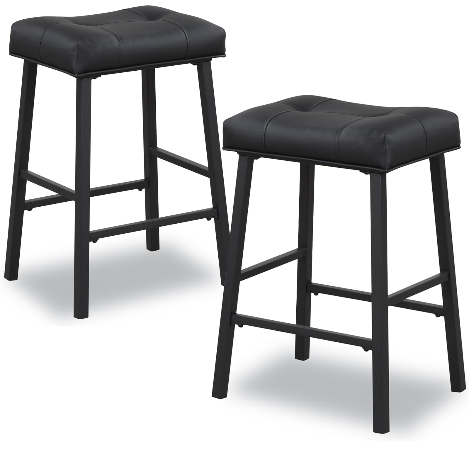 Black Bar Stools Set of 2 - 24 Inch Counter Height Stools with Padded Upholstered Seats for Kitchen, Bar & Dining Room - Heavy Duty Metal Frame - Perfect for Breakfast Nooks, Home Bars & Restaurant Use