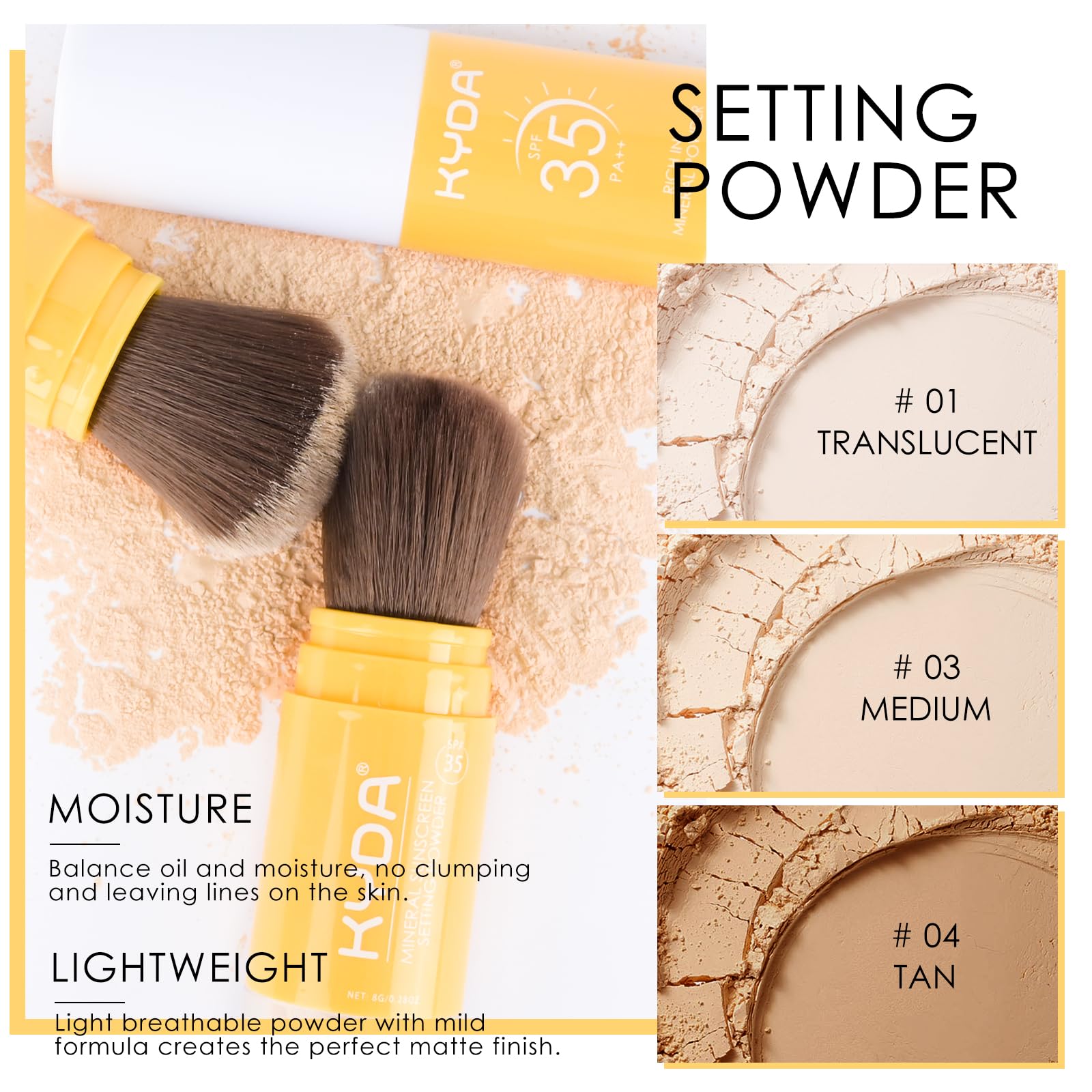KYDA Mineral Sunscreen Setting Powder SPF 35 - Translucent Oil Control Loose Powder with Brush | Natural Matte Finish, Lightweight & Breathable for All Skin Types | Perfect for Daily Sun Protection & Makeup Setting