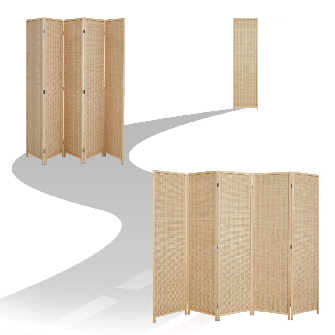 5 Panel Bamboo Room Divider Privacy Screen - Freestanding Natural Beige Folding Partition for Home Office, Bedroom & Living Room Space Separation