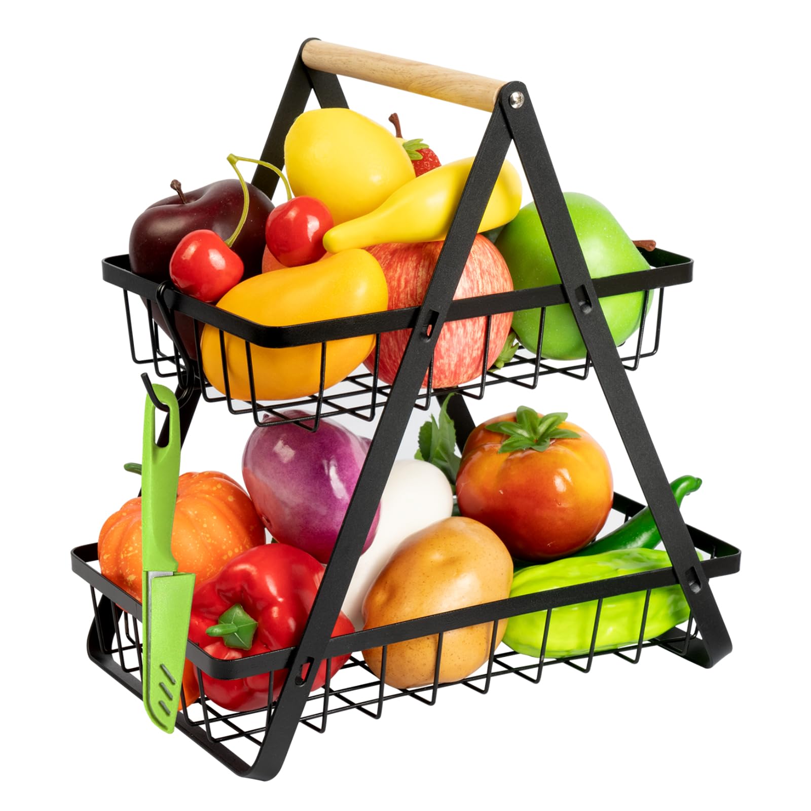 2 Tier Wooden Fruit Basket with Banana Hanger & Detachable Metal Holder - Kitchen Storage Organizer for Fruits, Vegetables, Bread & Snacks - Perfect for Countertop, Pantry & Dining Table Organization