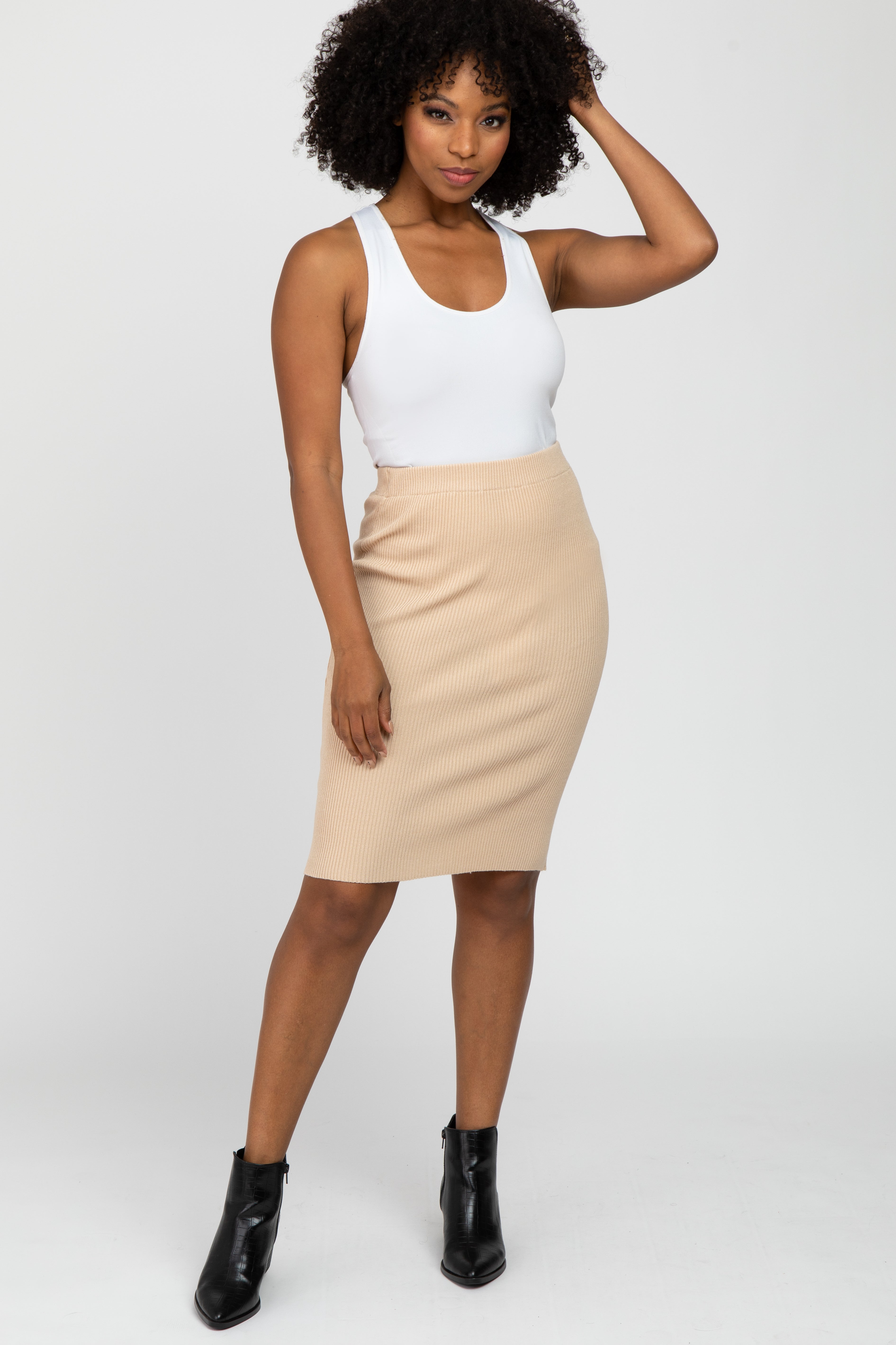 Beige Knit Fitted Maternity Skirt for Pregnancy - Comfortable Stretchy Women's Maternity Dress for Everyday Wear & Baby Shower