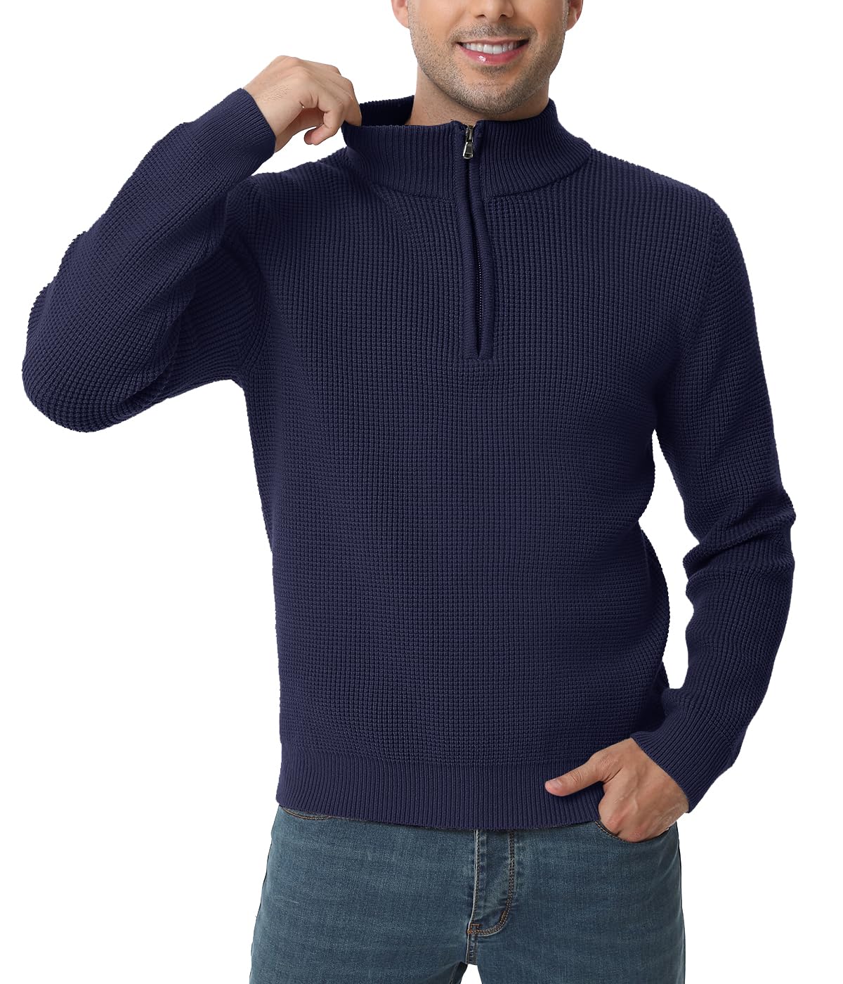 ALLOVIN Men's Quarter Zip Sweater - Waffle Knit 1/4 Zip Mock Neck Long Sleeve Pullover for Fall & Winter | Casual Office Wear, Outdoor Activities, Layering Essential
