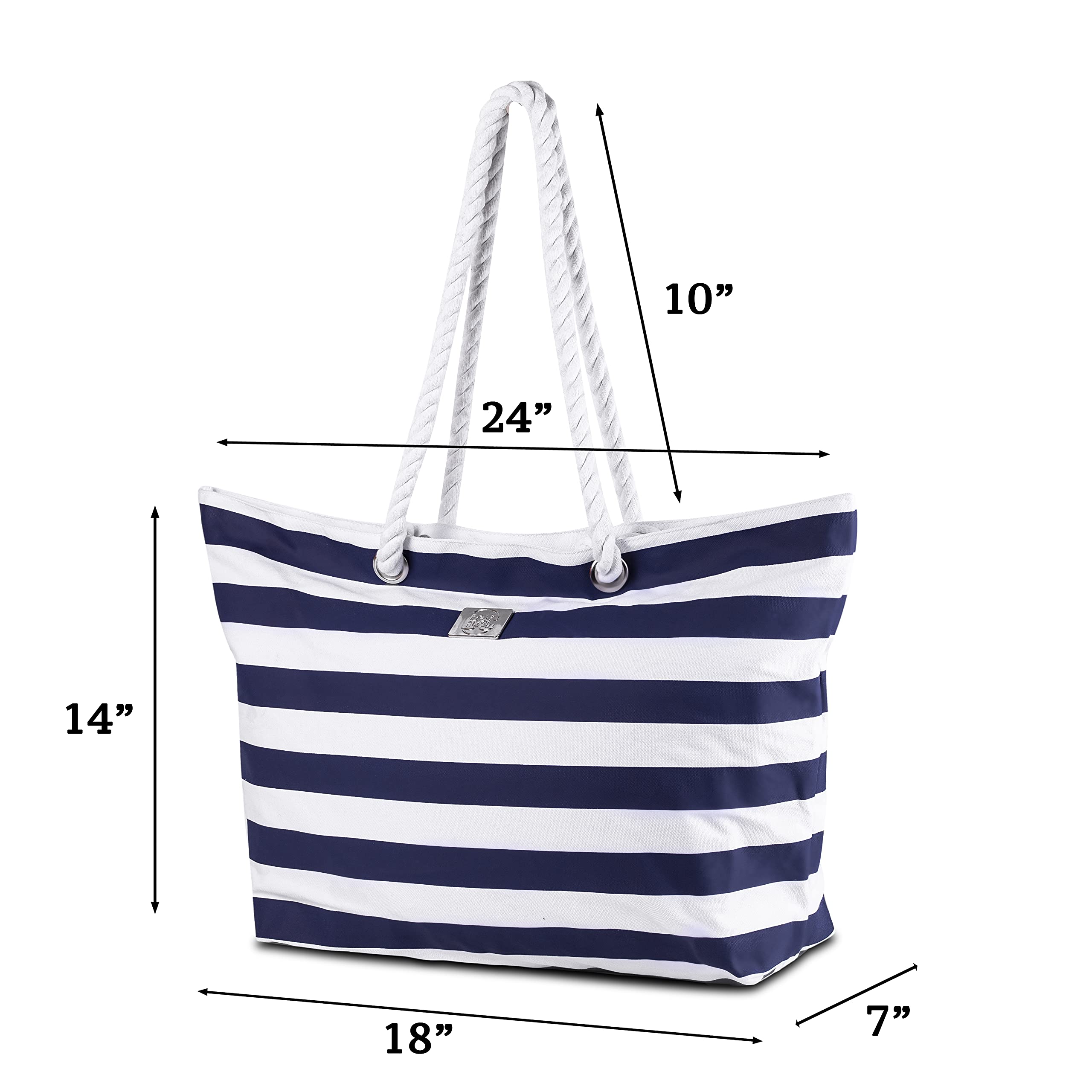 Large Waterproof Beach Tote Bag with Zipper & Pockets - for Travel & Pool Days