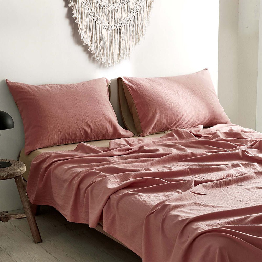 Luxury Washed Cotton Sheet Set - Soft & Breathable Pink Brown Single Size - Perfect for Bedroom, Guest Room, and Dorm Comfort