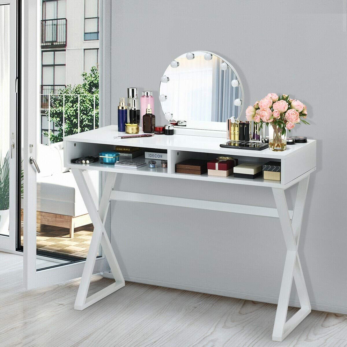 Modern Workstation Desk with Storage - Computer Desk & Makeup Vanity Table with 2 Storage Compartments | Perfect for Home Office, Beauty Salon & Dressing Room Organization (Hair Care, Nail Polish & Cosmetic Organizer)