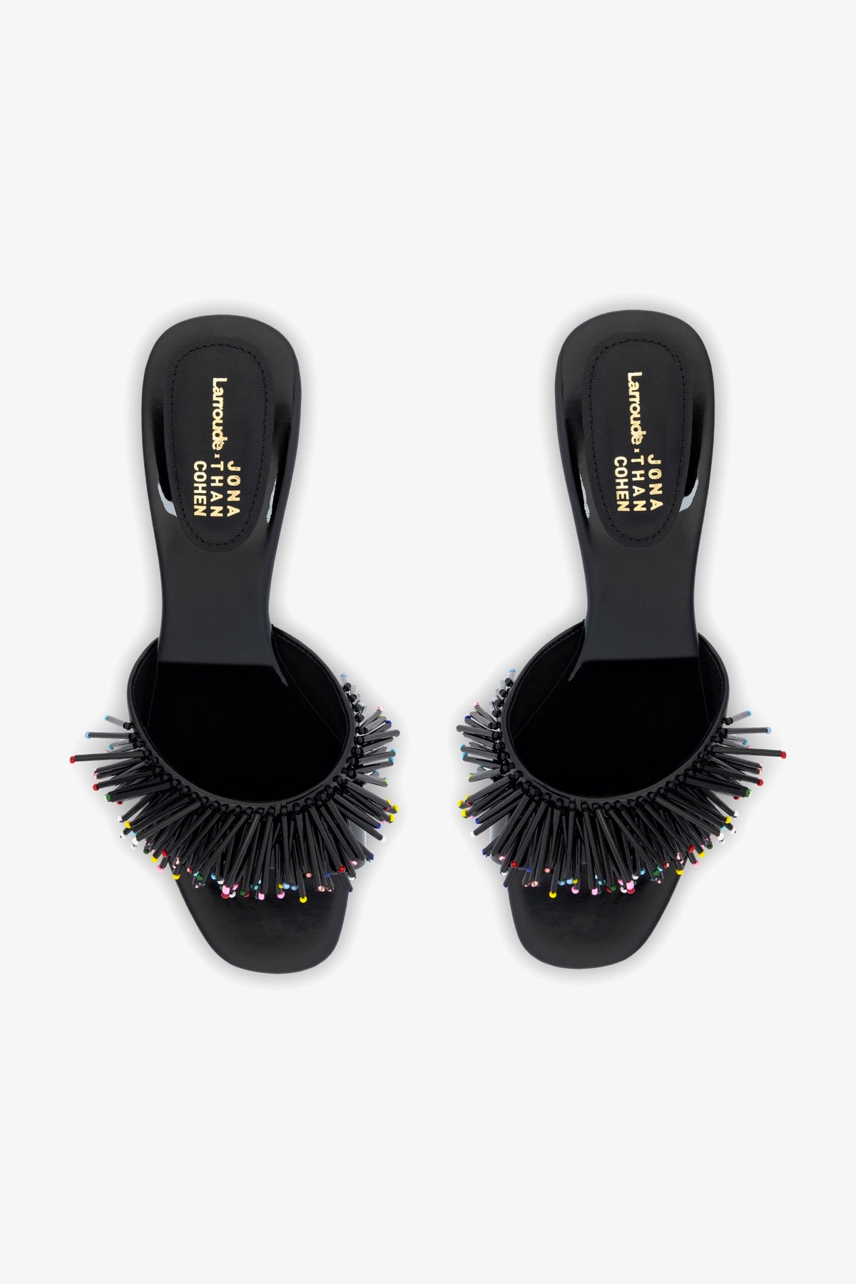 Larroudé x Jonathan Cohen Black Patent Leather Fringe Greta Mule - Stylish Women's Shoes for Parties & Evening Events