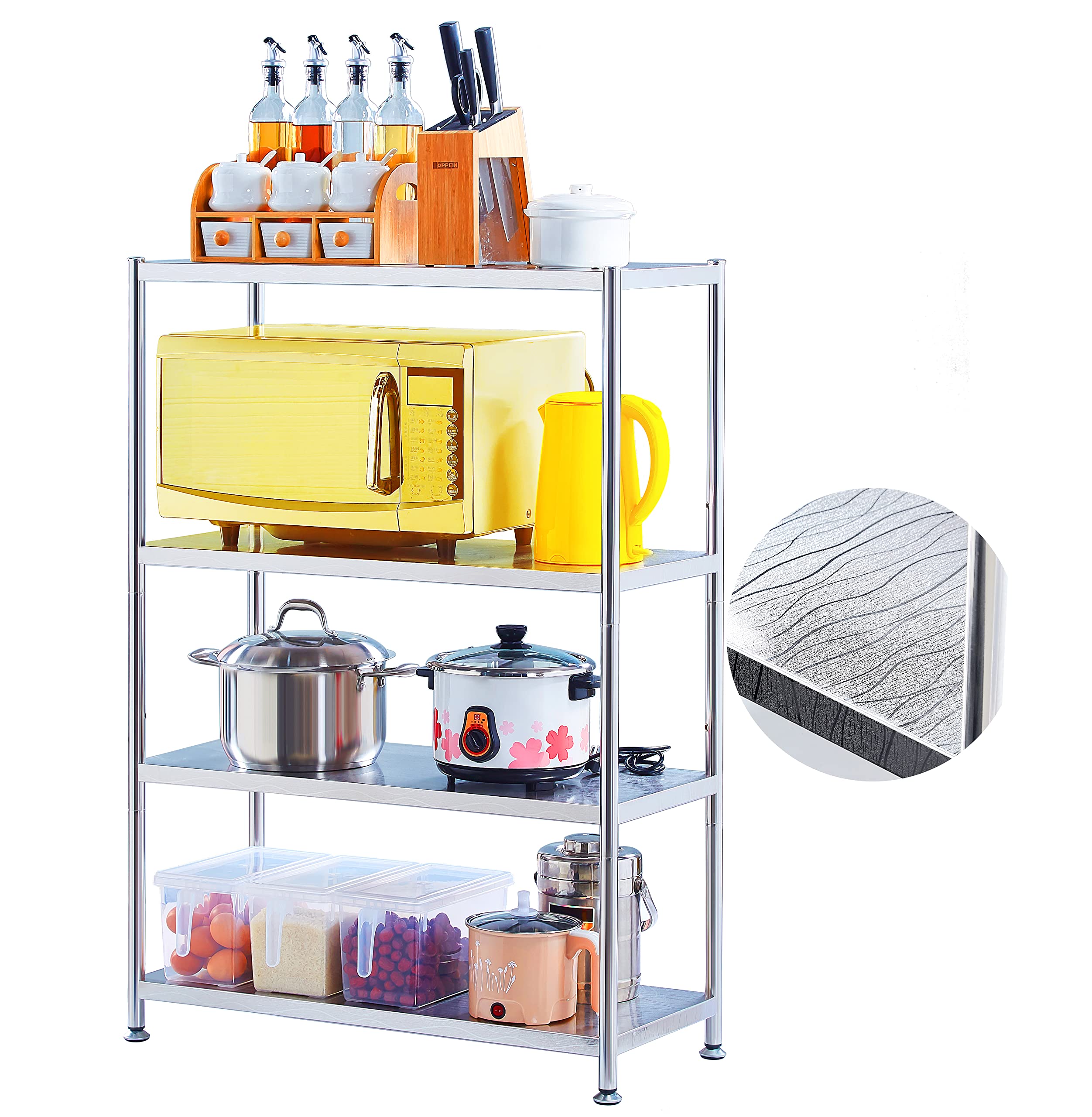 Stainless Steel Shelves 23.6 Inch 4-Tier Kitchen Storage Shelf Organizer - Heavy Duty, Waterproof, Artistic Texture for Pantry, Garage, Bathroom & Commercial Use