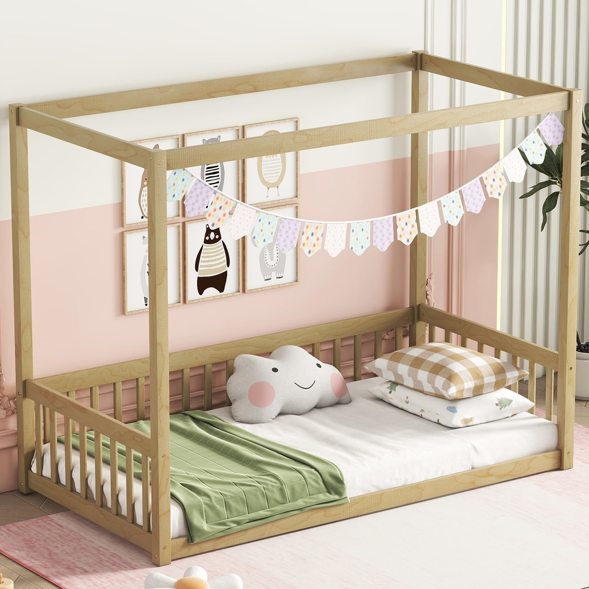Twin Size Wood Canopy Bed Frame with Safety Fence for Kids - Sturdy Four Poster Platform Bed for Boys & Girls (Natural Finish) - Perfect for Nursery, Bedroom, Playroom & Sleepovers