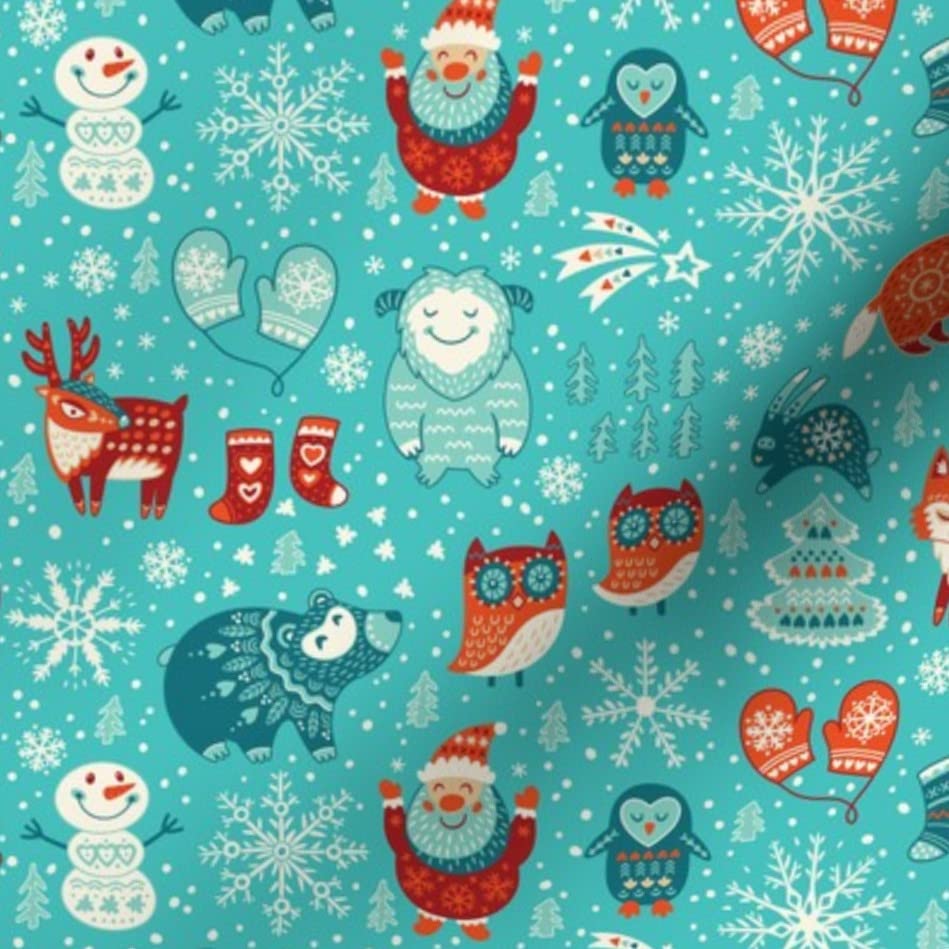 Winter Christmas Cartoon Snow Holiday Aqua Woodland Santa Foxes Printed Minky Fabric Fat Quarter - Soft Plush Fabric for Sewing Baby Blankets, Quilt Backing & DIY Crafts - Perfect for Holiday Decorations & Cozy Home Projects