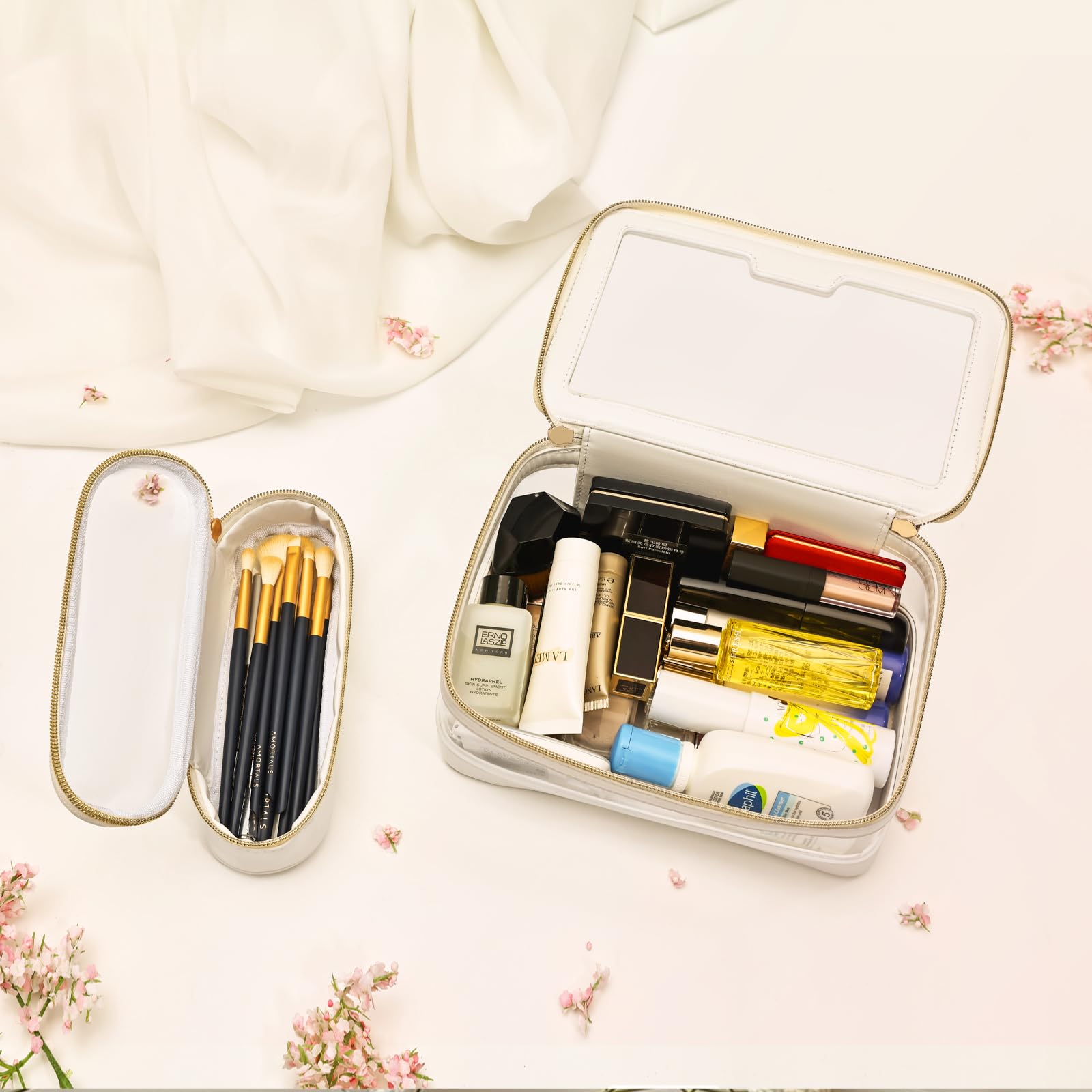 Clear Makeup Bag for Travel - Transparent Waterproof Cosmetic & Toiletry Organizer with Zipper - Portable Makeup Brush Case for Women (White) - Perfect for Air Travel, Gym, Beach & Daily Essentials Storage