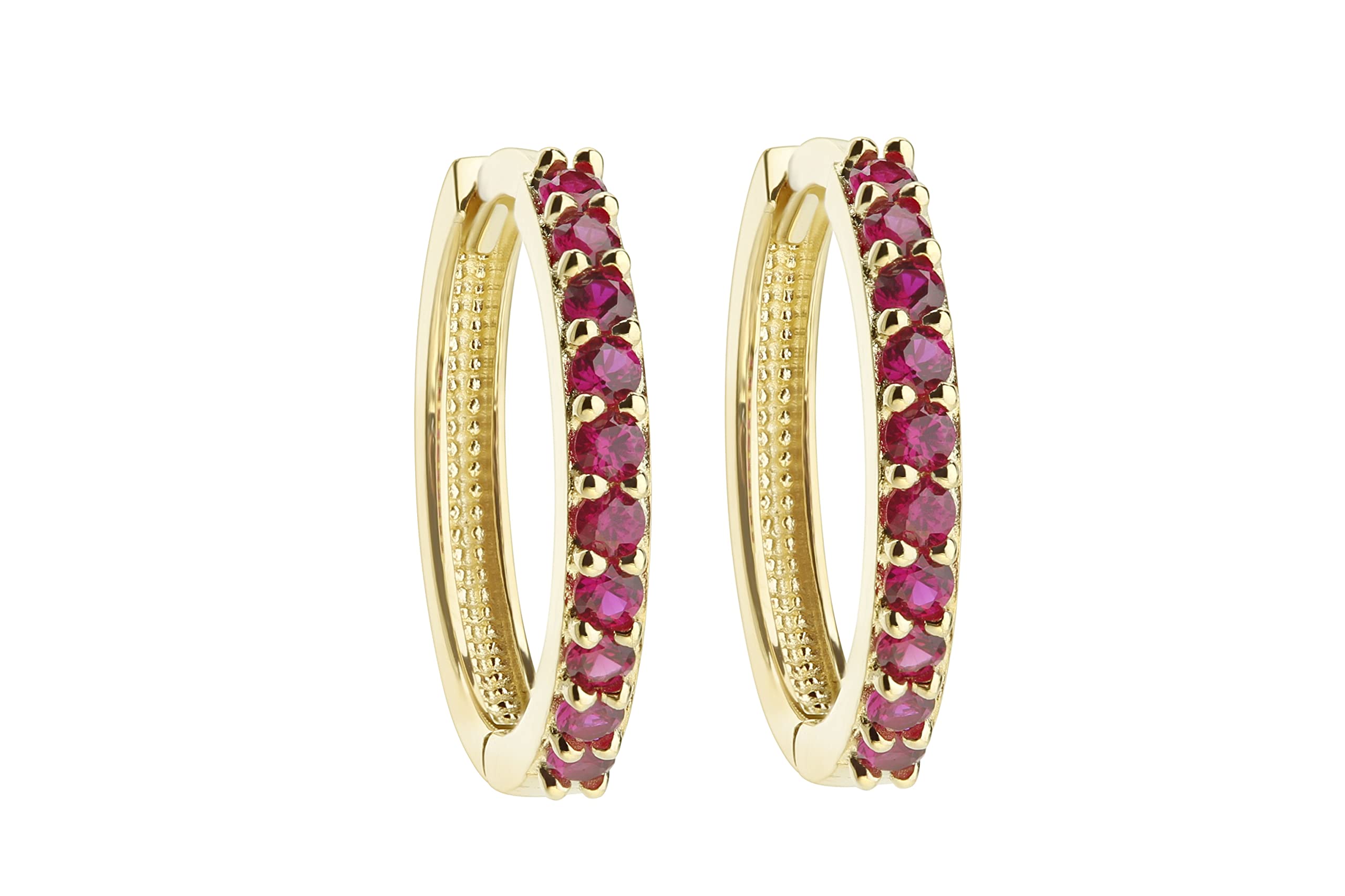 9ct Yellow Gold Ruby Hoop Huggie Earrings - 15mm Diameter | Elegant Dainty Stud Earrings for Women | Perfect for Parties, Weddings & Everyday Wear