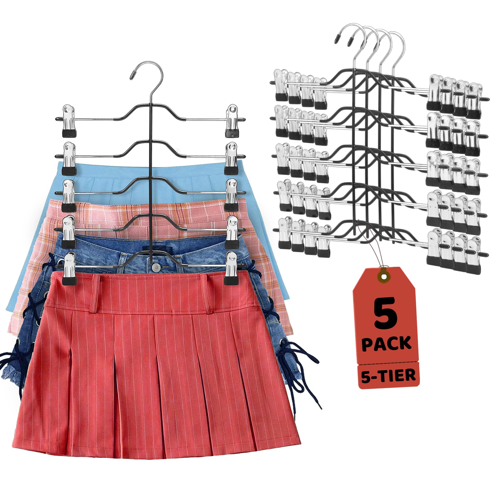 YULEER 5-Tier Space Saving Clothes Hangers with Adjustable Clips - 5 Pack Multi-Functional Hanger for Skirts, Shorts, Pants & Closet Organization (Rubber Dipped Sleeves) - Perfect for Small Closets, Dorm Rooms & Travel