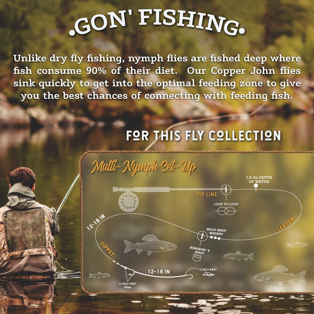 Premium Copper John Fly Fishing Flies Kit - 18 Realistic Nymph Flies with Durable Fly Box - Strong Sharp Hooks for Trout Bass Fishing - Essential Fly Fishing Accessories for Rivers Lakes and Streams