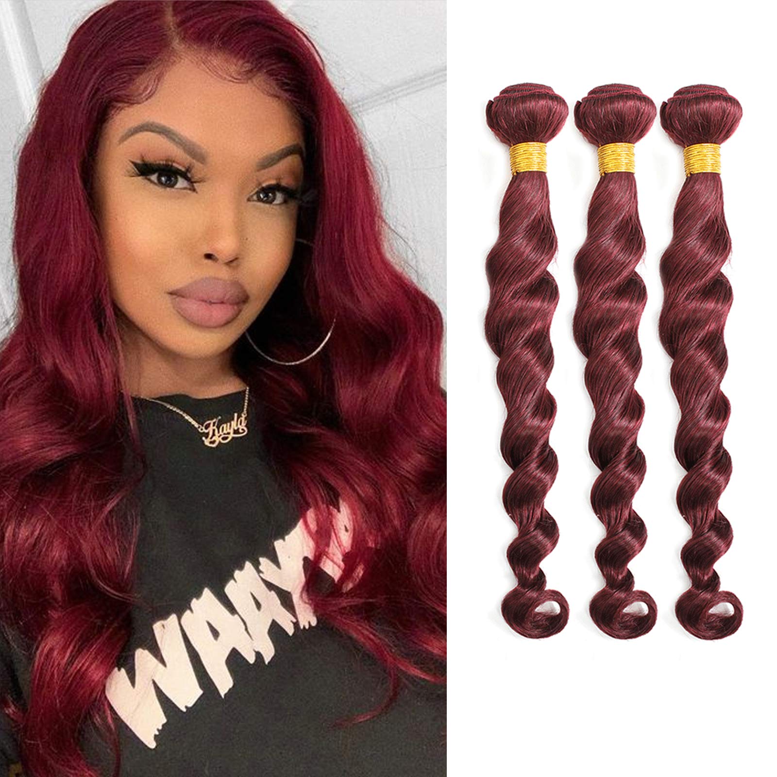 Brazilian Loose Deep Wave Human Hair Bundles - 100% Unprocessed Virgin Hair Extensions for Women (16/18/20 Inch, Burgundy Red) | Perfect for Daily Wear, Parties & Special Occasions