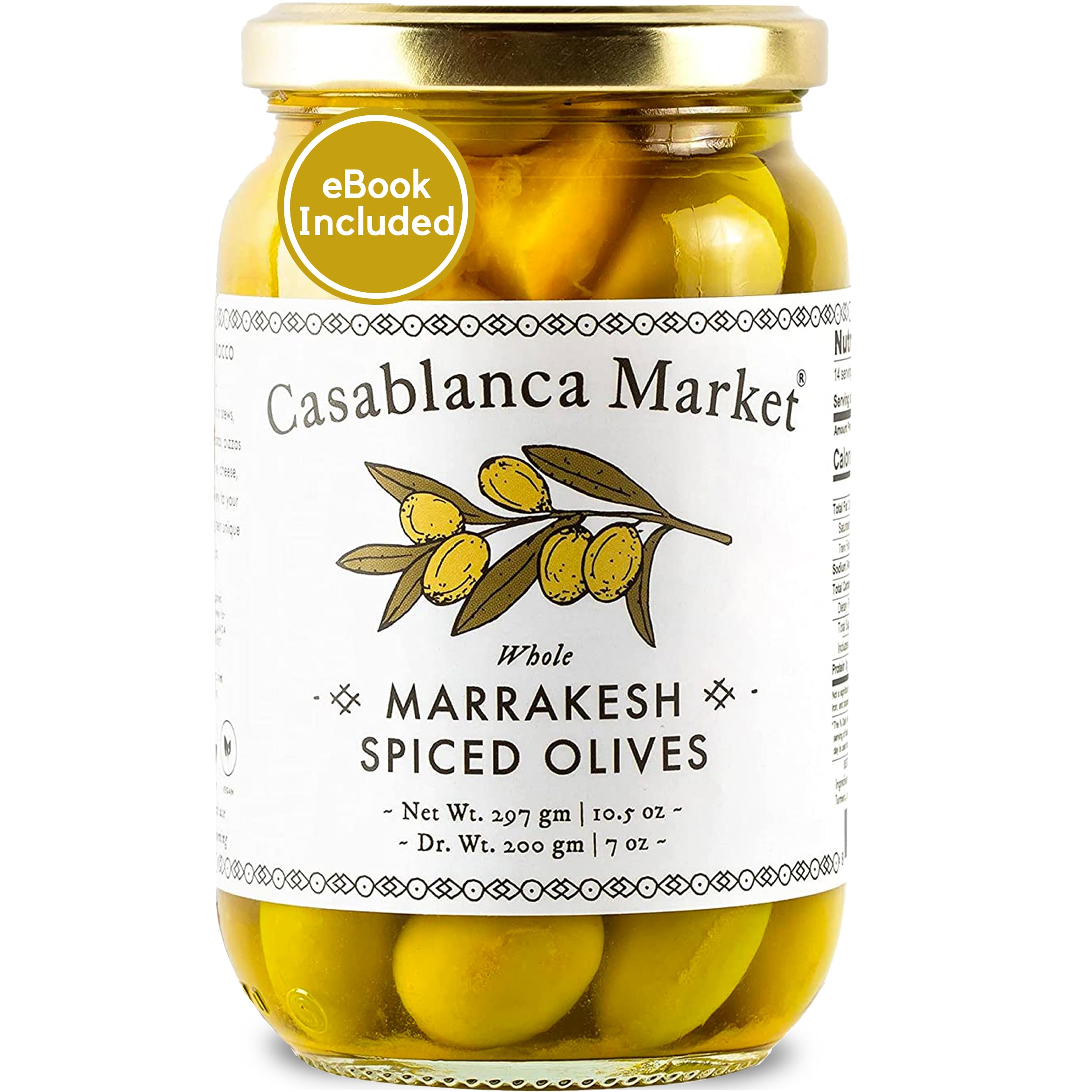 Casablanca Market Marrakesh Spiced Moroccan Colossal Green Olives with Pits - Gourmet Whole Olives from Morocco | Perfect for Charcuterie Boards, Martini Garnish & Mediterranean Recipes (10.5oz)