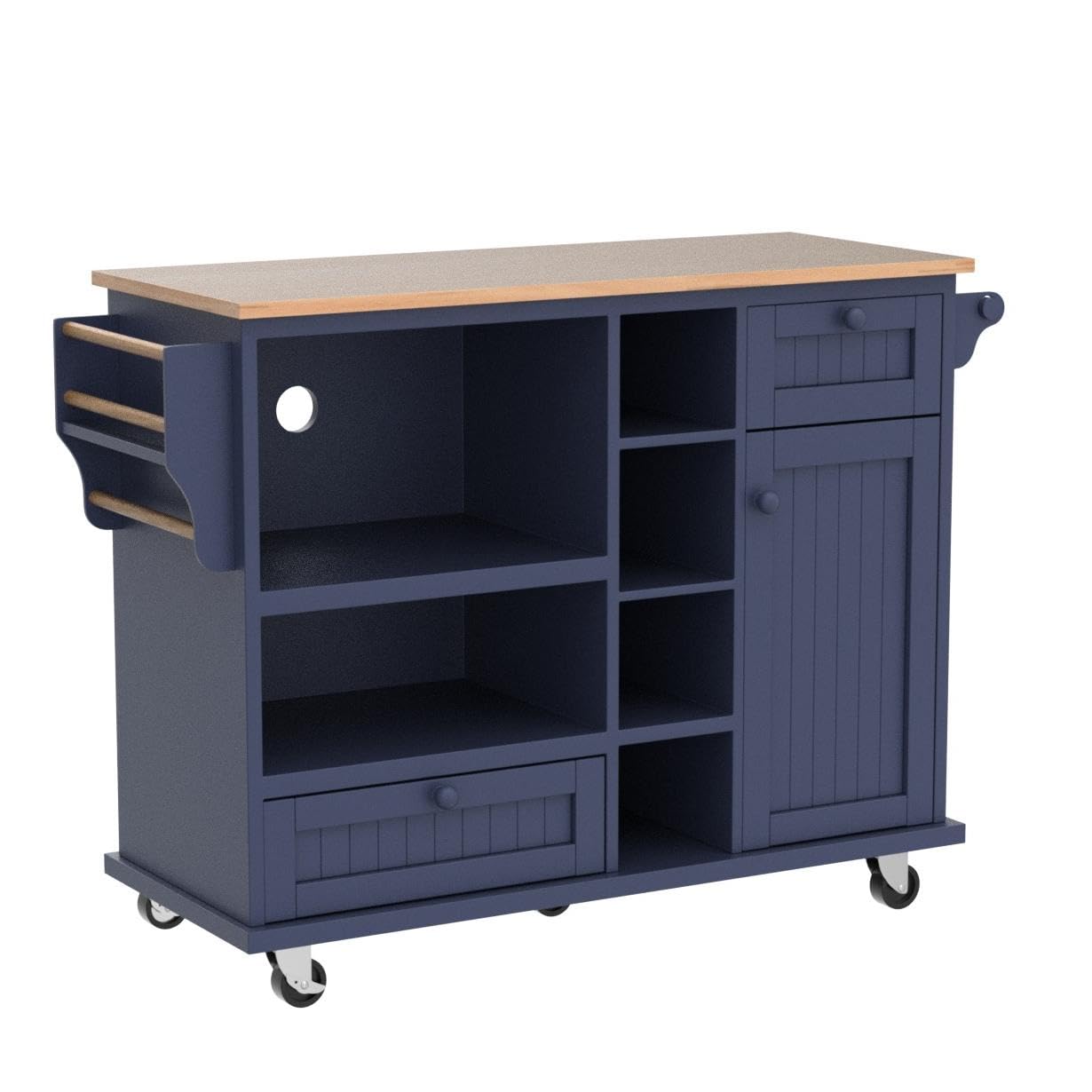 Polibi Kitchen Island Cart with Storage - Solid Wood Desktop, 2 Locking Wheels - Microwave Cabinet & Buffet Server for Kitchen & Dining Room - Dark Blue | Perfect for Small Spaces, Meal Prep & Extra Storage
