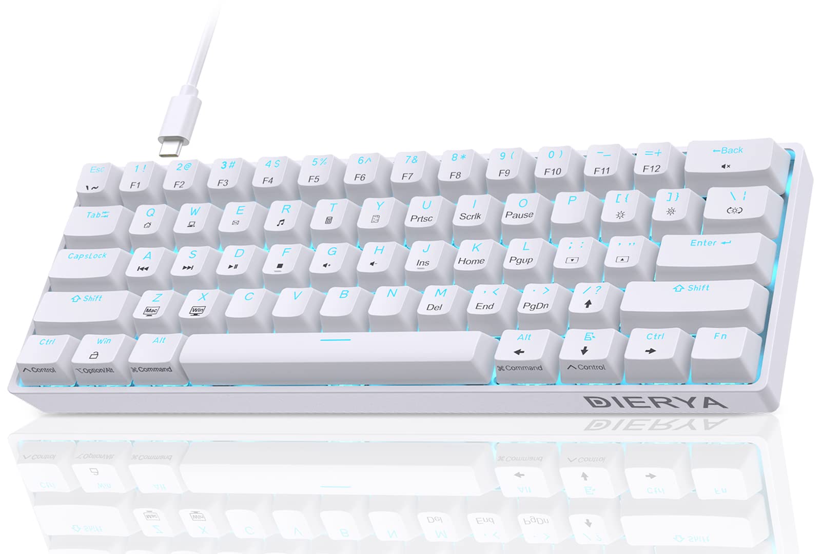 Dierya DK61SE 60% Wired Mechanical Gaming Keyboard - Red Switch, Ice Blue Backlight, Compact 61 Keys Anti-Ghosting (US Layout) - Perfect for PC Gaming, Office Work & Typing Enthusiasts - White