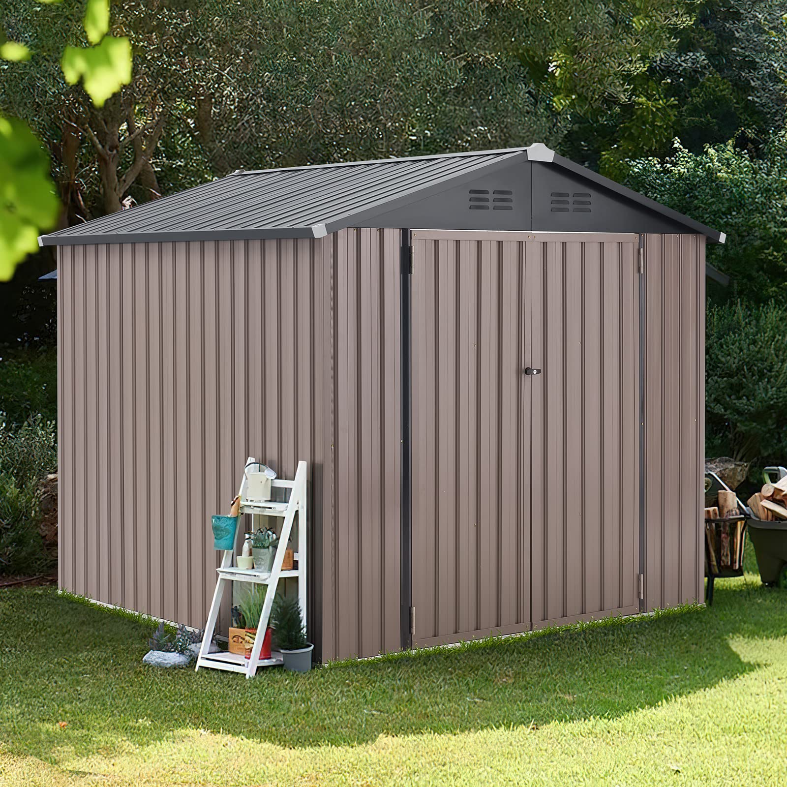 U-MAX 7x7 Feet Large Outdoor Storage Shed - Heavy Duty Steel Utility Shed with Lockable Doors for Backyard, Garden & Patio | Weather-Resistant Tool Storage for Lawn Equipment, Bikes & Outdoor Gear (Taupe)