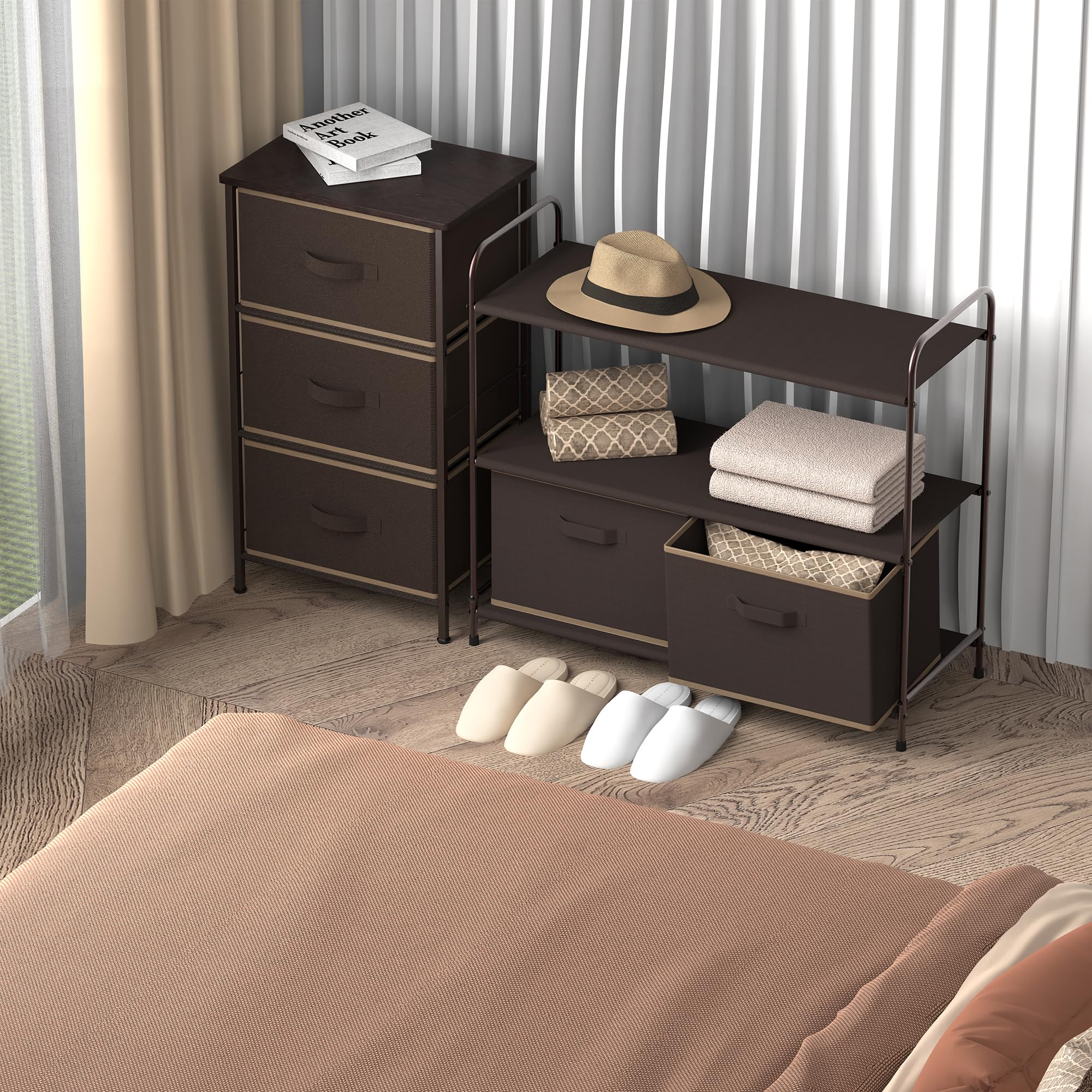 3-Tier Closet Organizer with 2 Drawers - Space Saving Storage Shelf for Bedroom, Closet & Bathroom - Brown Simple Houseware for Home Organization