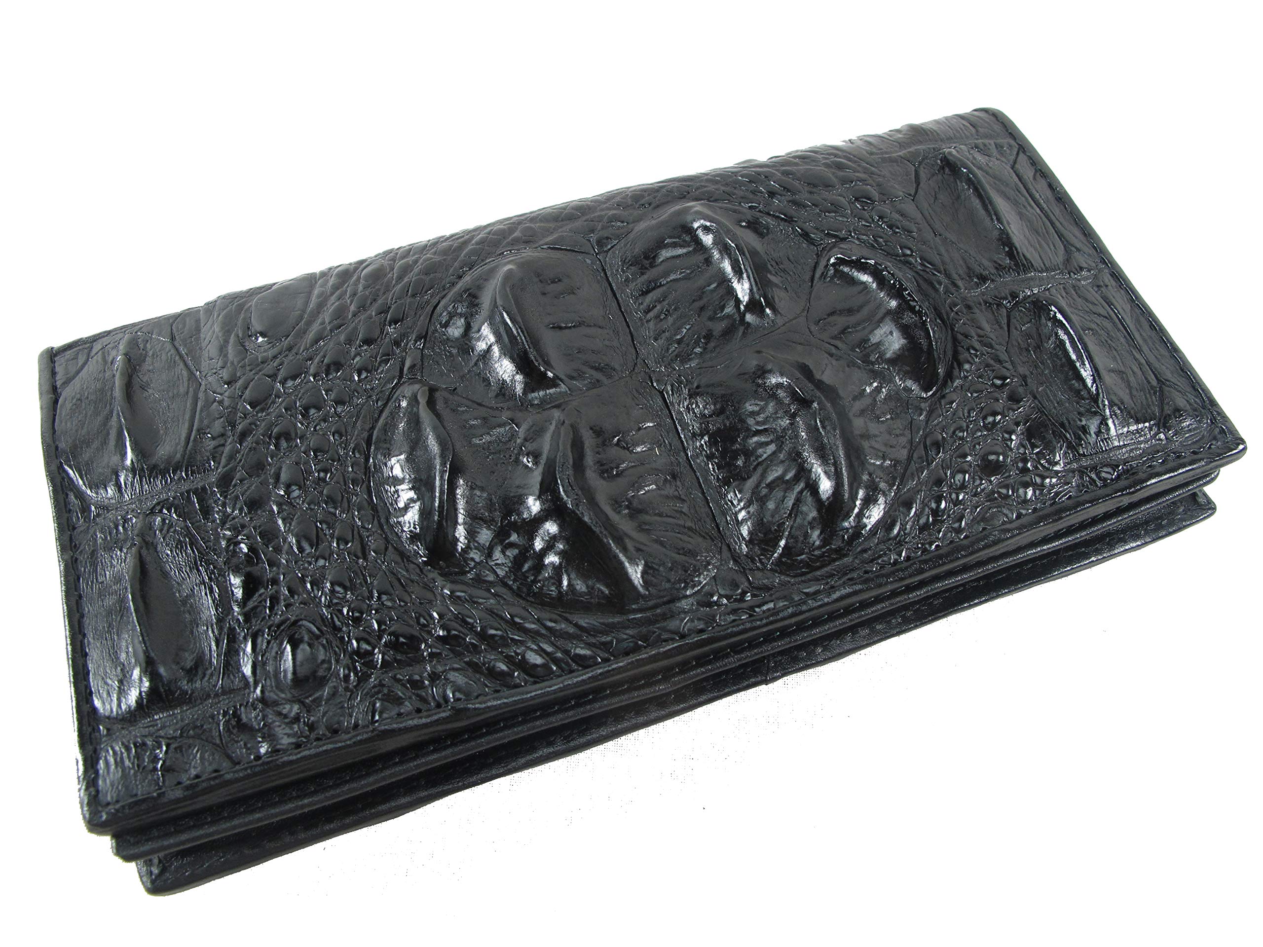 Genuine Crocodile Alligator Hornback Leather Checkbook Wallet for Men - Premium Black Skin Long Bifold Wallet - Perfect for Business, Travel & Everyday Use